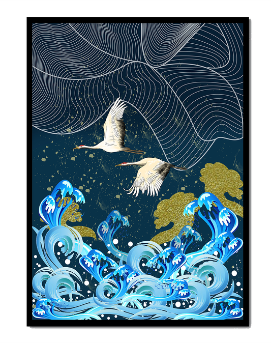 Grullas elegantes volando sobre olas doradas y un océano artístico