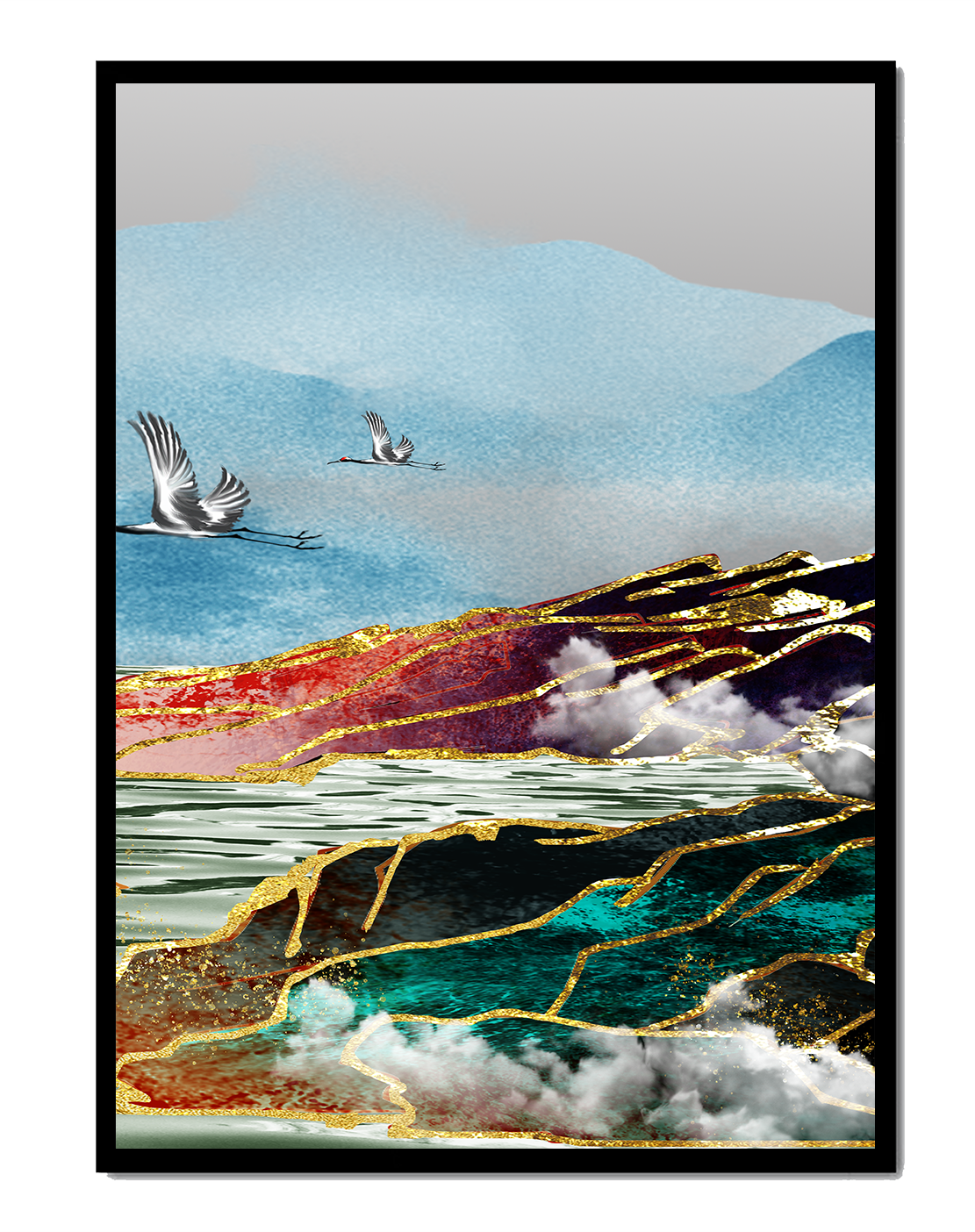 Majestic Landscape With Flying Cranes And Golden Accents