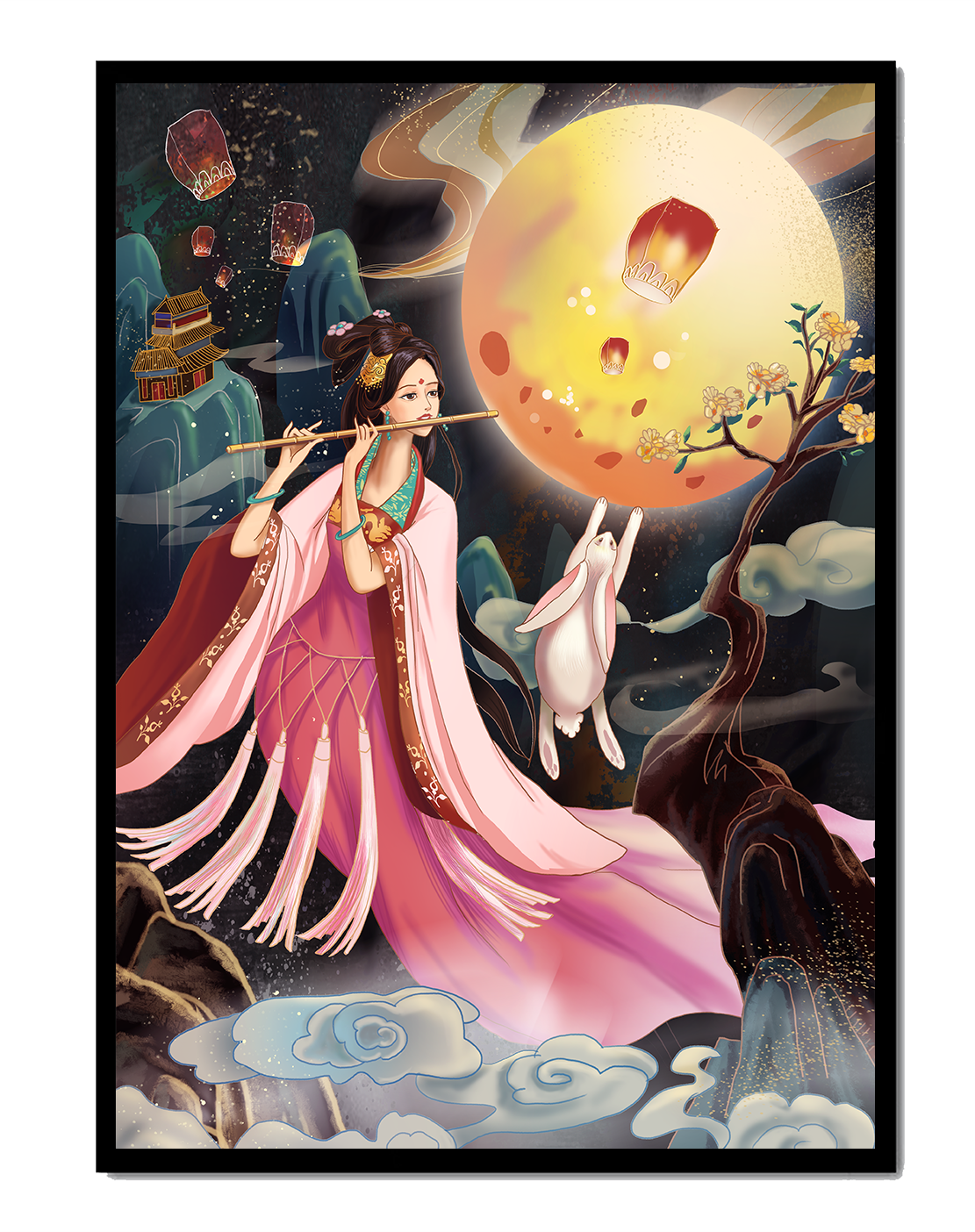 Traditional Asian Art with Flute Player and Moon Rabbit