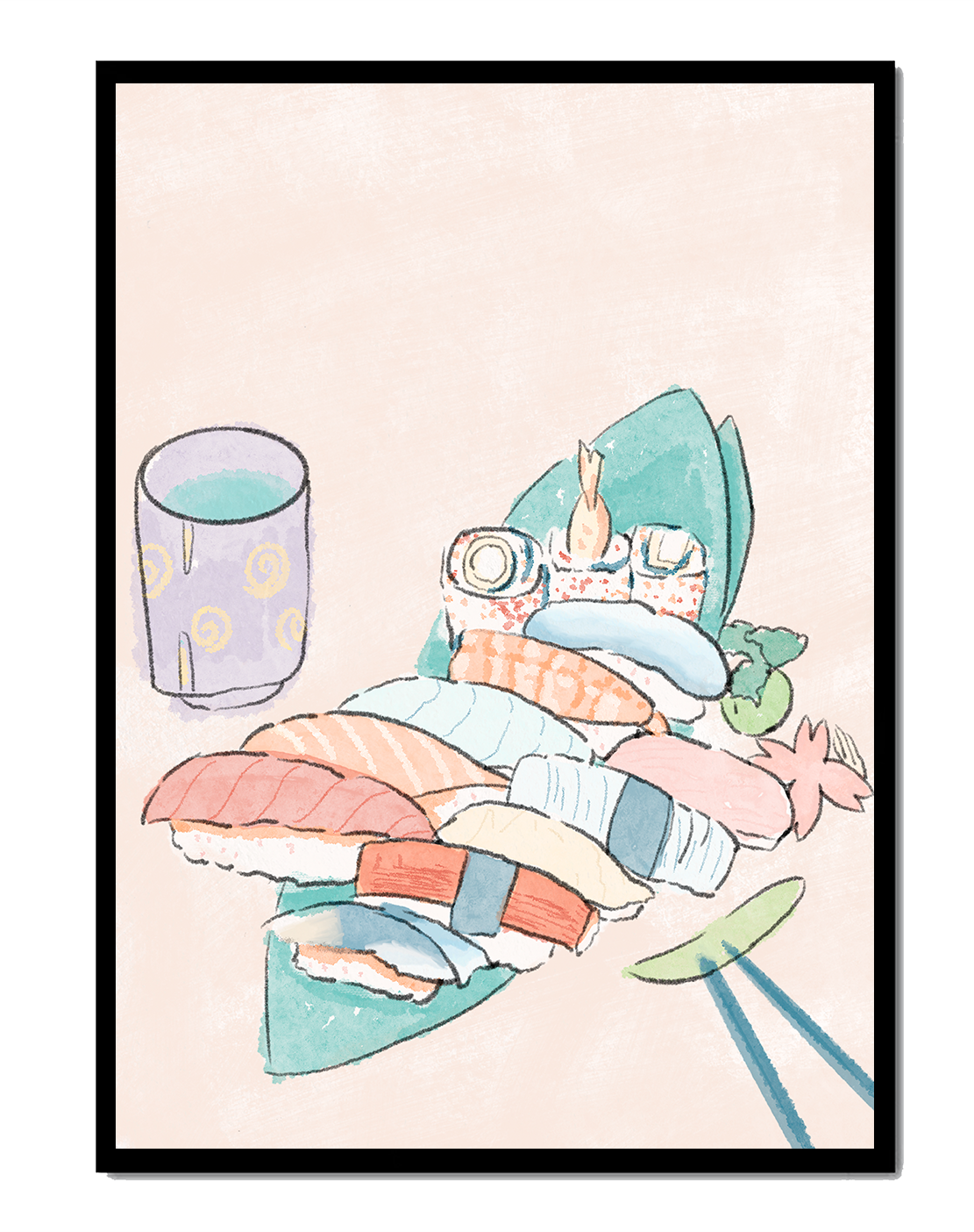 Illustrierte Sushi-Platte mit verschiedenen Sushi und Getränken