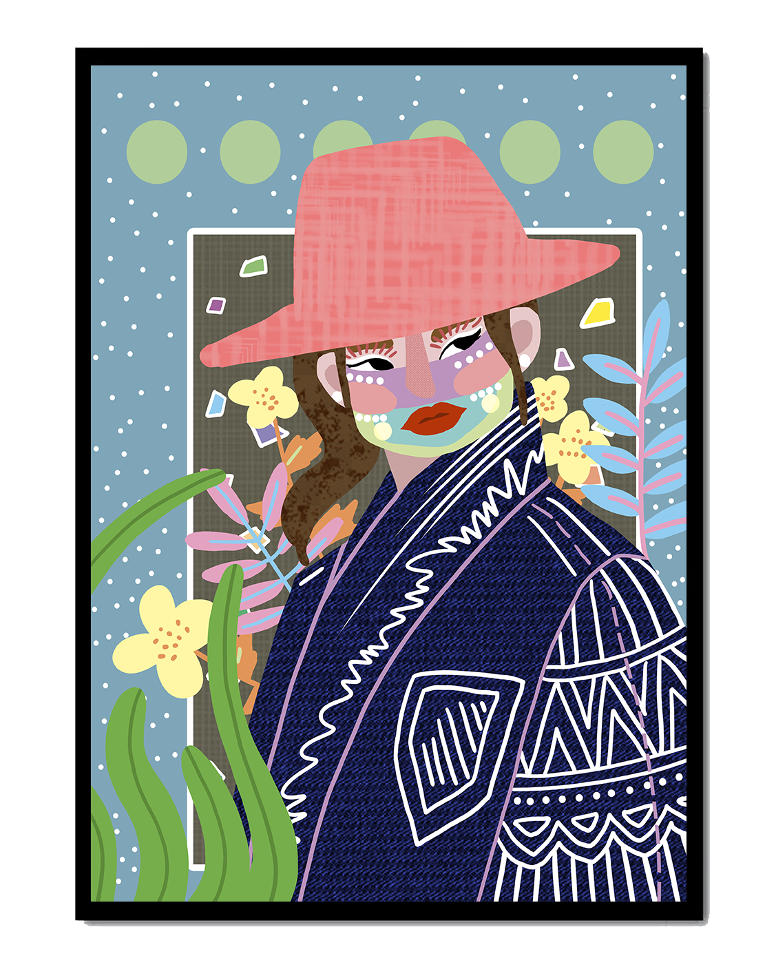 Retrato colorido con patrones y elementos abstractos