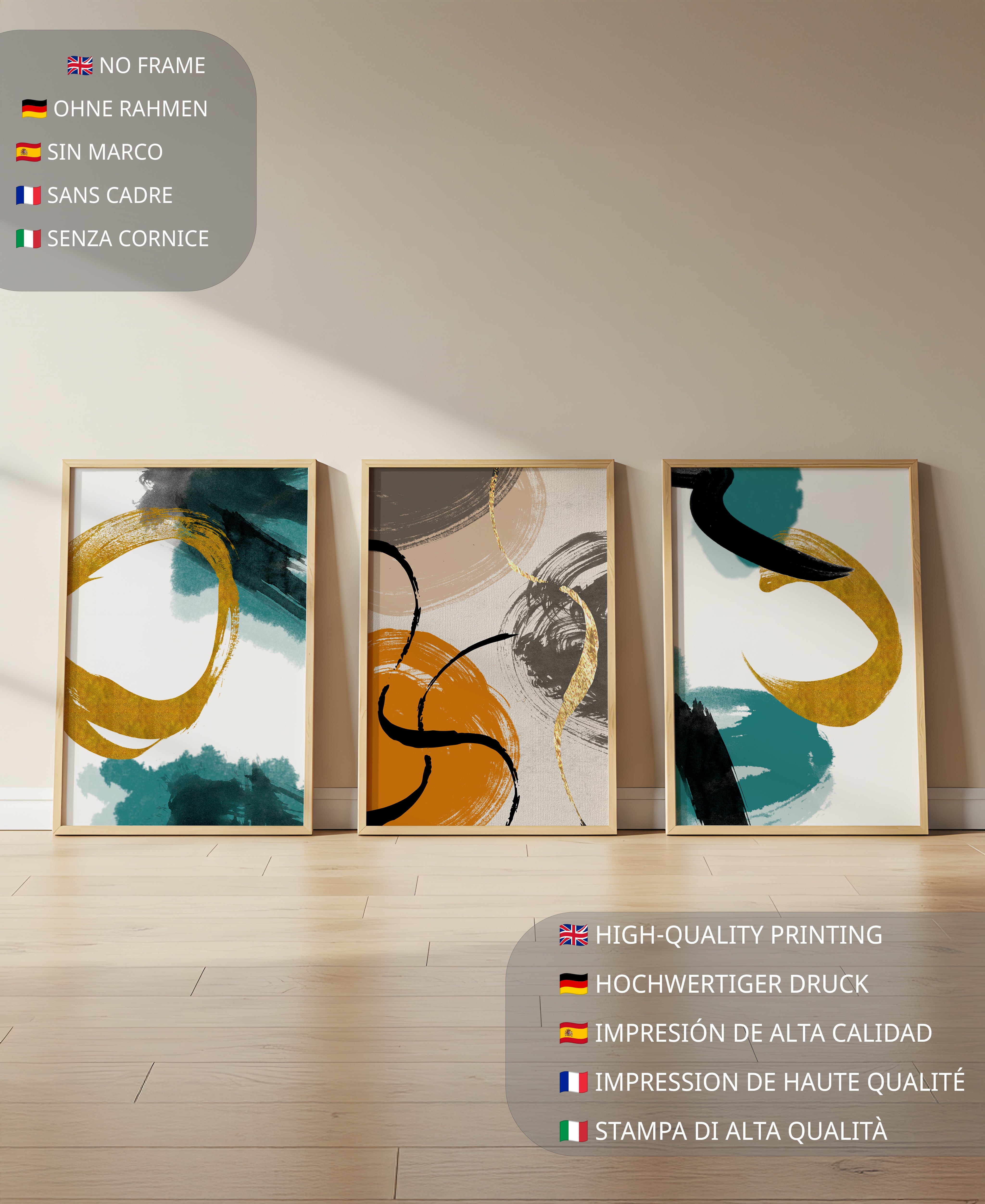 Arte Abstracto en Lienzos con Detalles Dorados