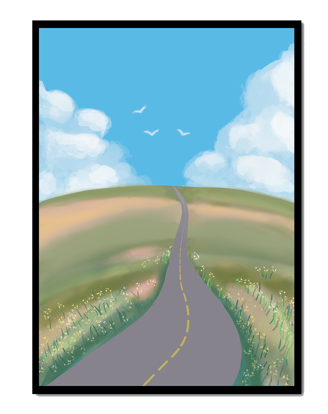 Sunlit Road Through Rolling Hills Under Blue Sky