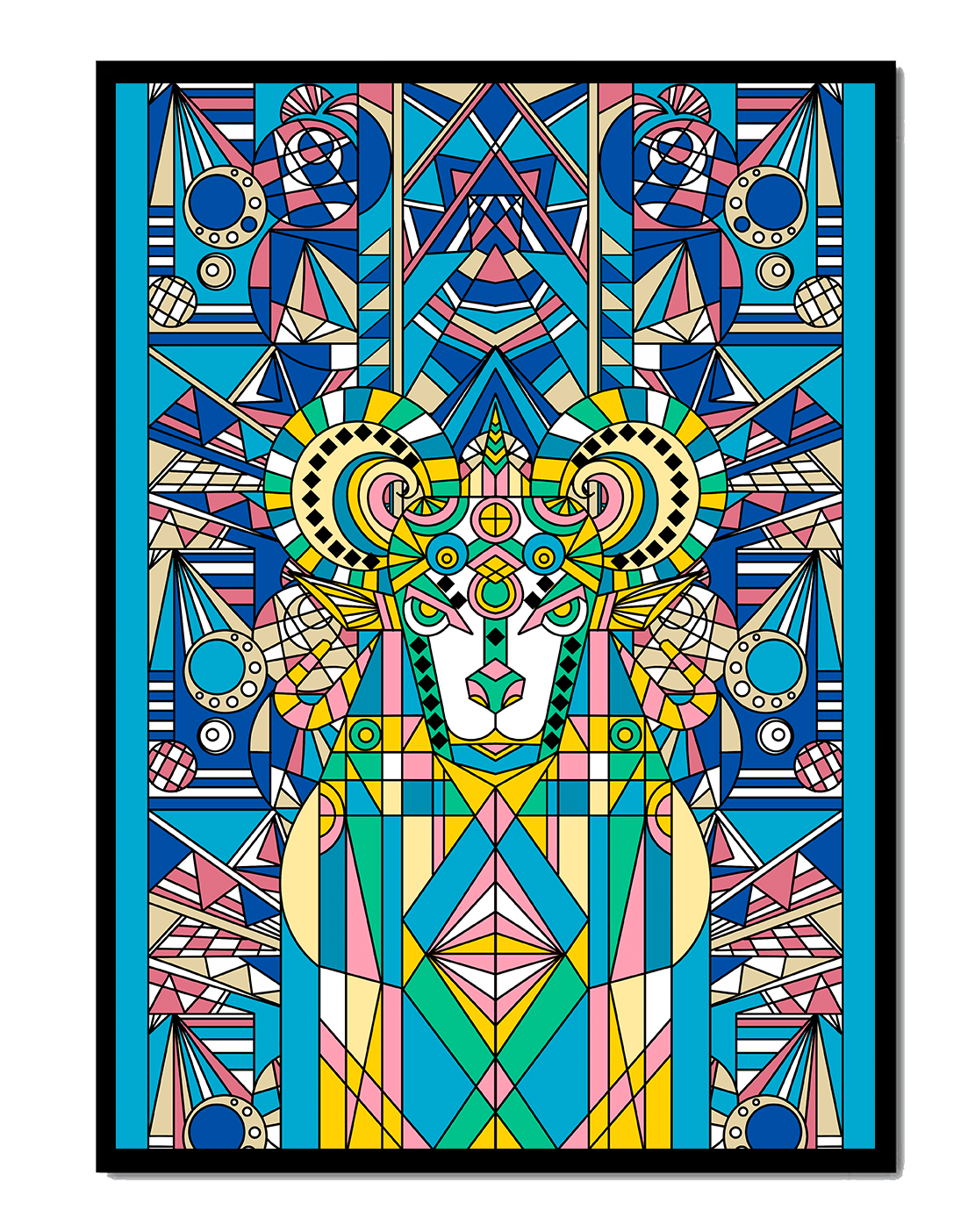 Diseño geométrico colorido de carnero con patrones simétricos