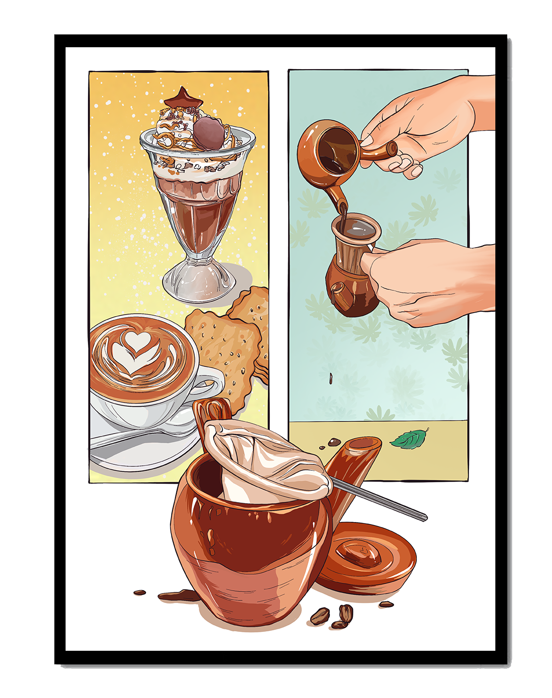 Ilustración artística de café y postre con detalles dorados