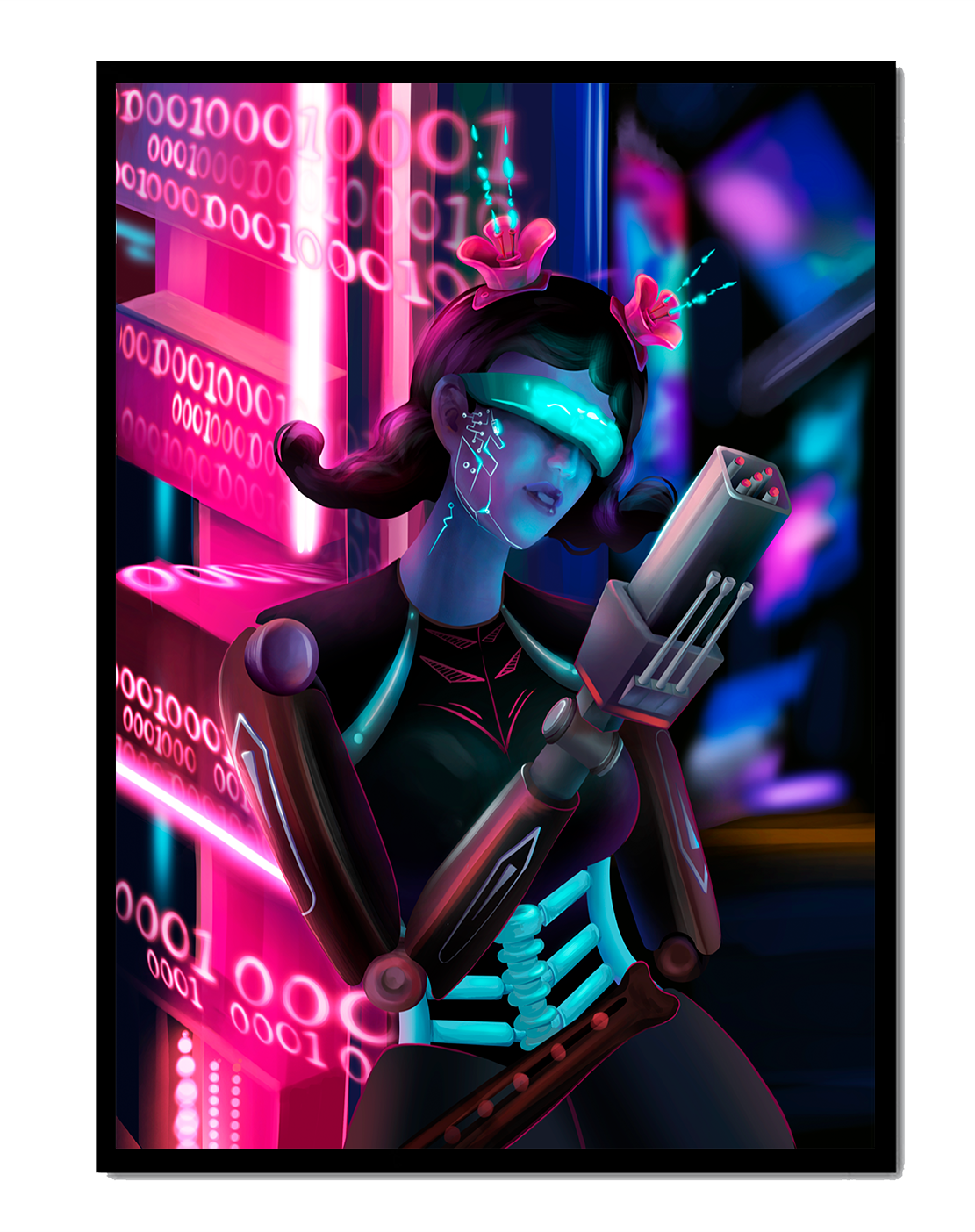 Futuristic Cyborg Woman in Digital Neon Landscape - Mi tienda