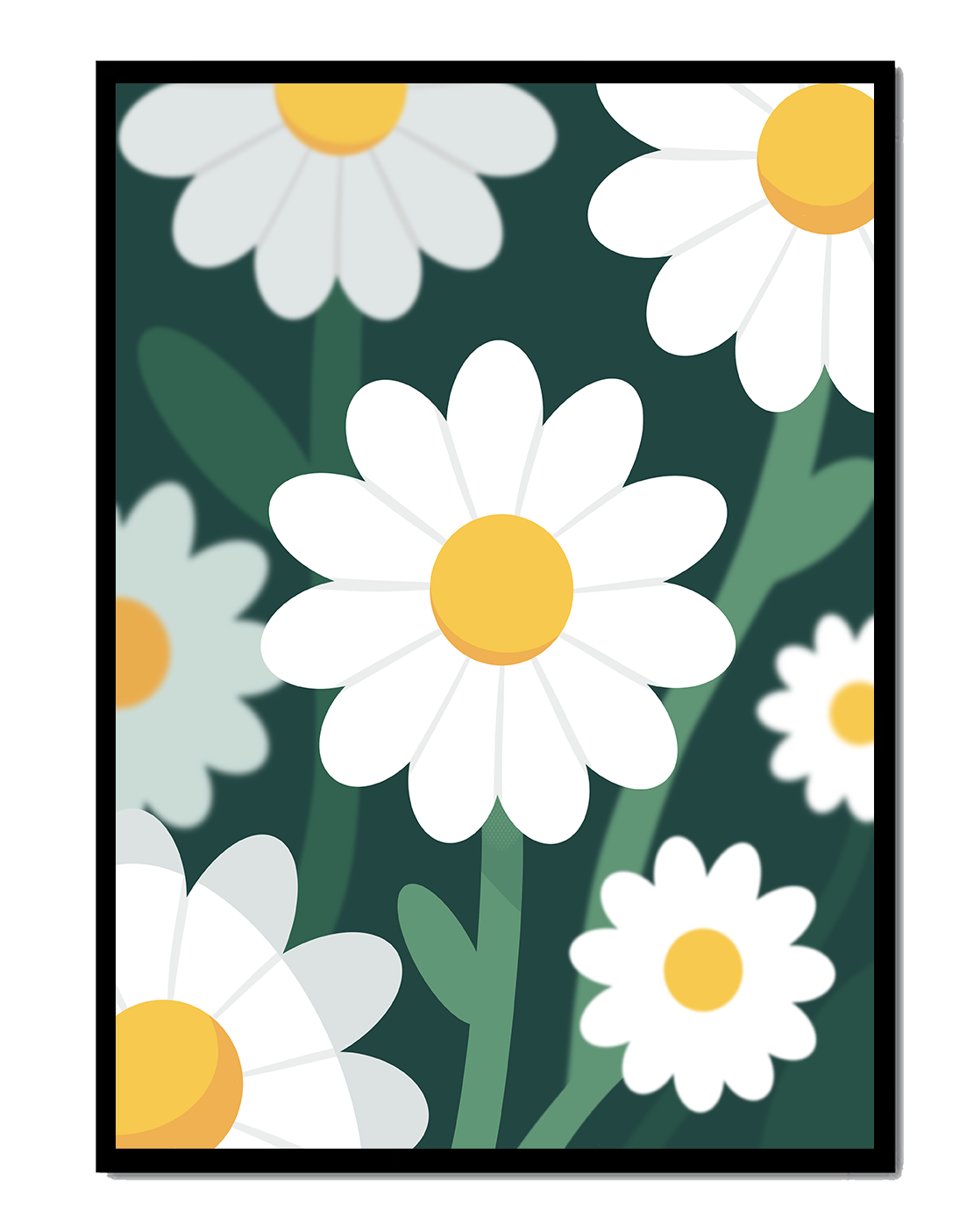 Margaritas sobre fondo verde oscuro con diseño abstracto