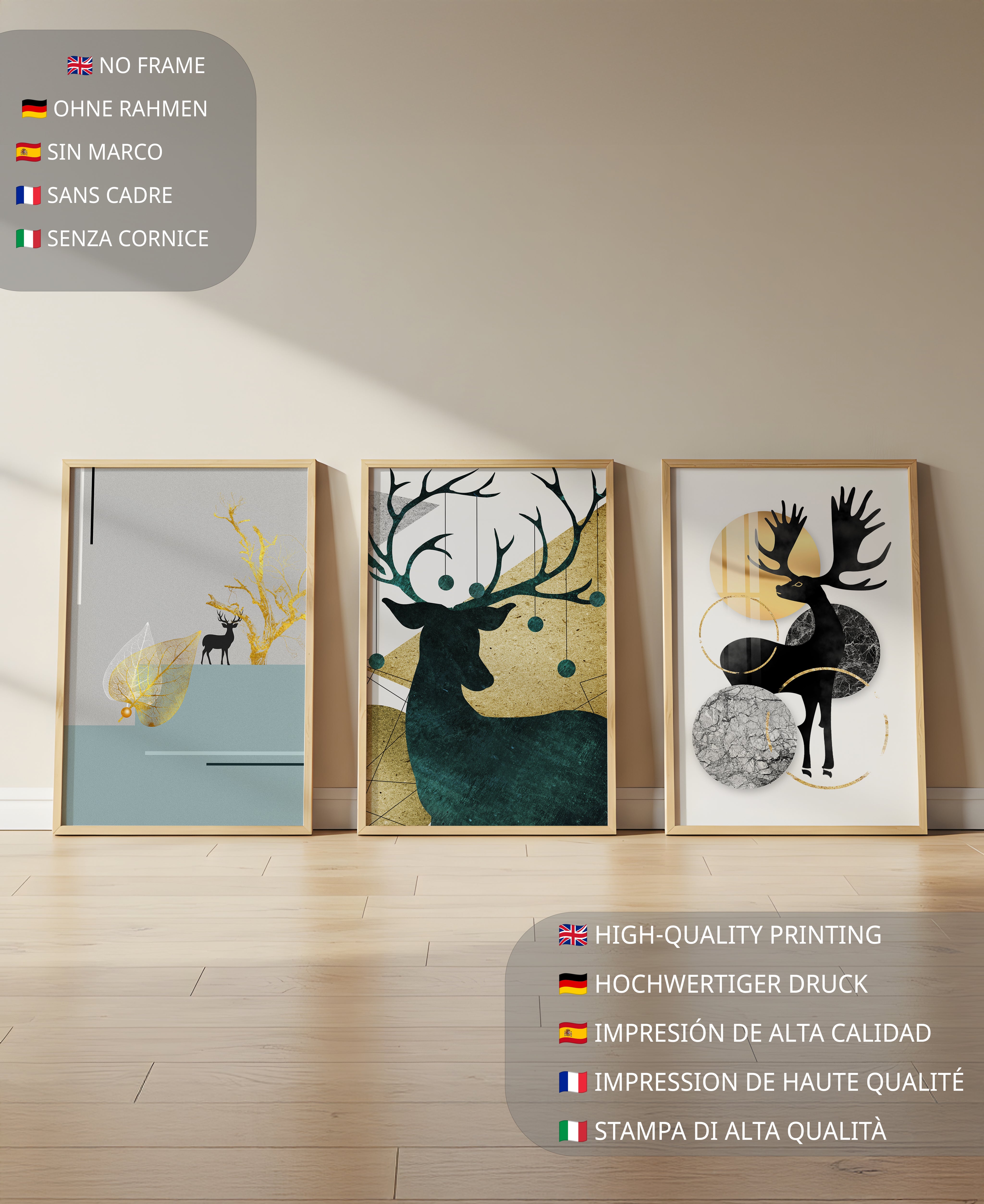 Conjunto De Cuadros De Ciervos Con Detalles Dorados