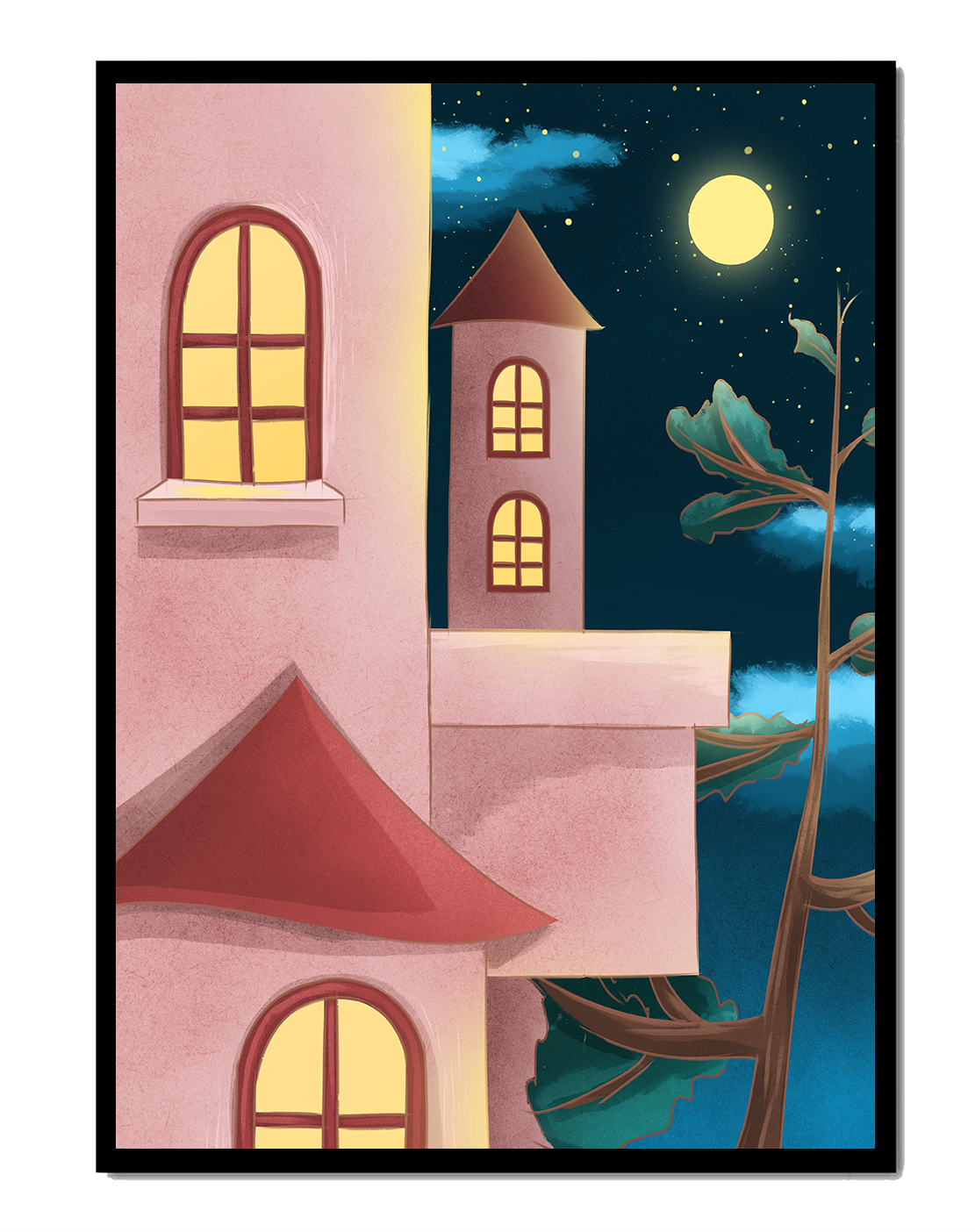 Castle with Arched Windows under Moonlit Sky