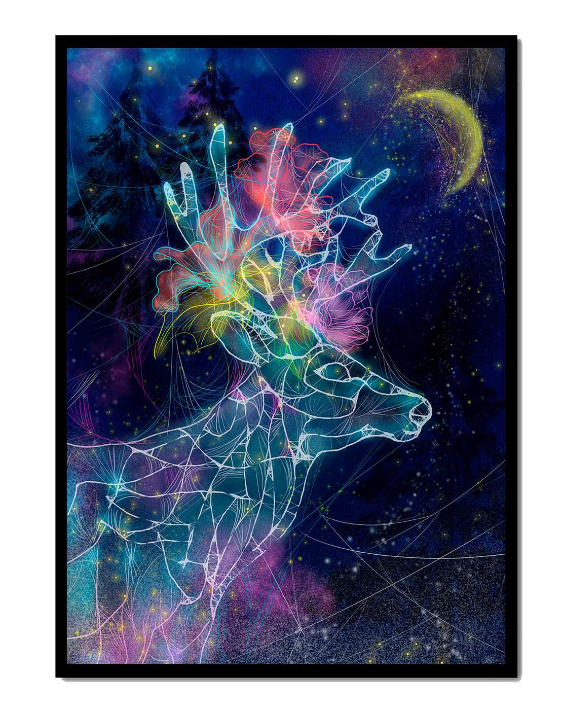 Farbenfrohe kosmische Hirschillustration mit Neongeweih