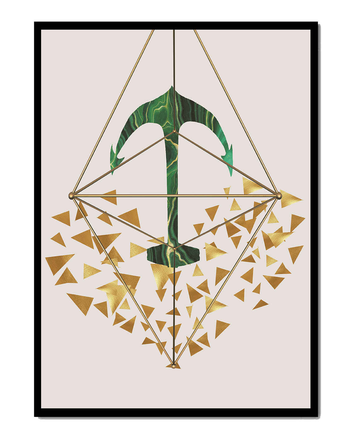 Abstract Geometric Art with Green Stone Texture and Golden Triangles