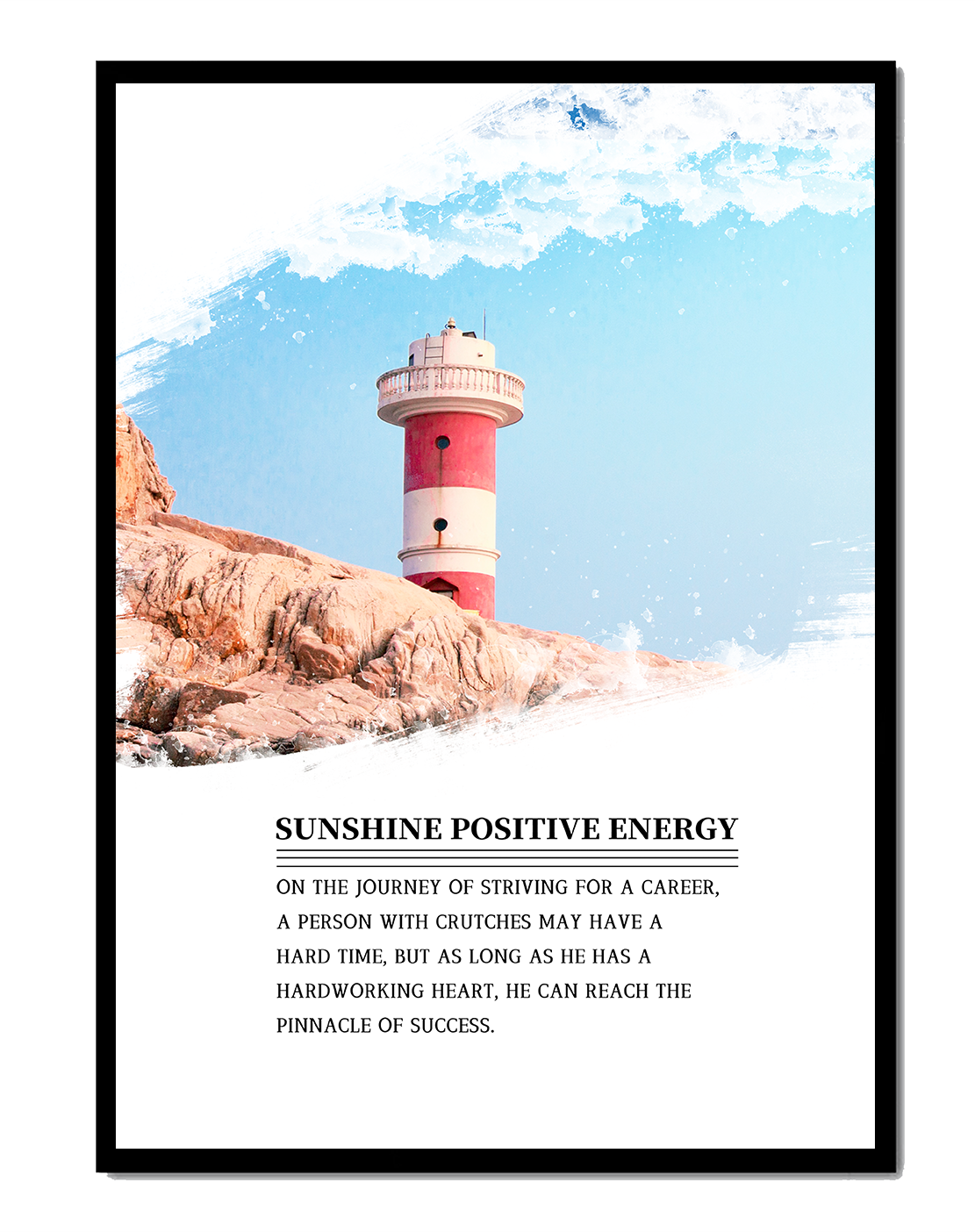 Faro inspirador con texto motivacional y fondo de cielo