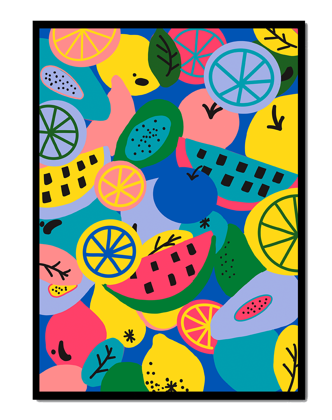 Patrón abstracto de frutas vibrantes con cítricos y melones sobre fondo azul