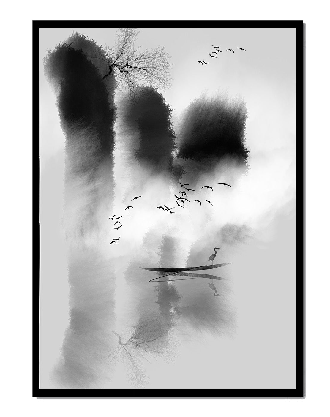 Paisaje brumoso sereno con aves y una garza solitaria