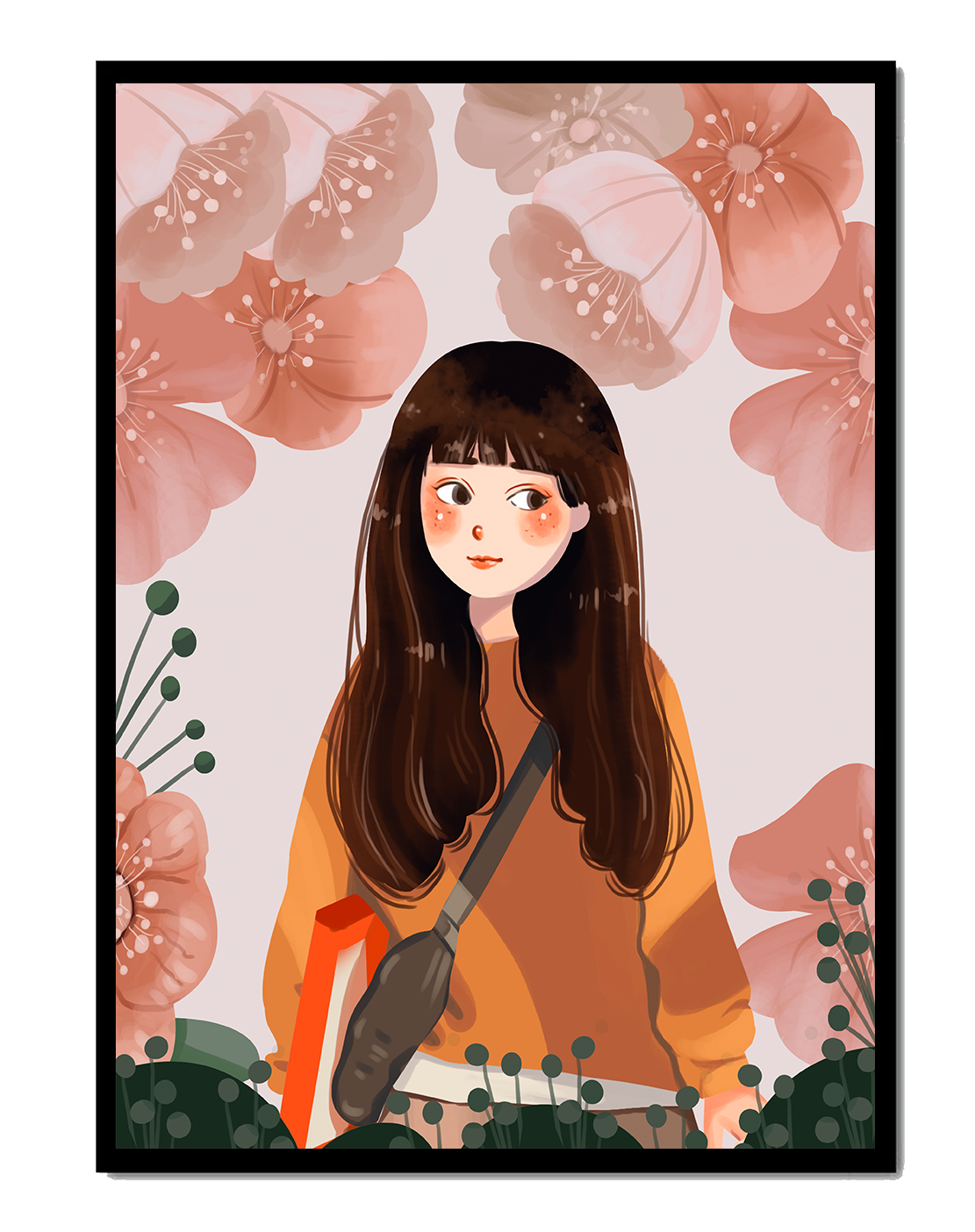 Illustration of girl with flowers in soft pastel hues