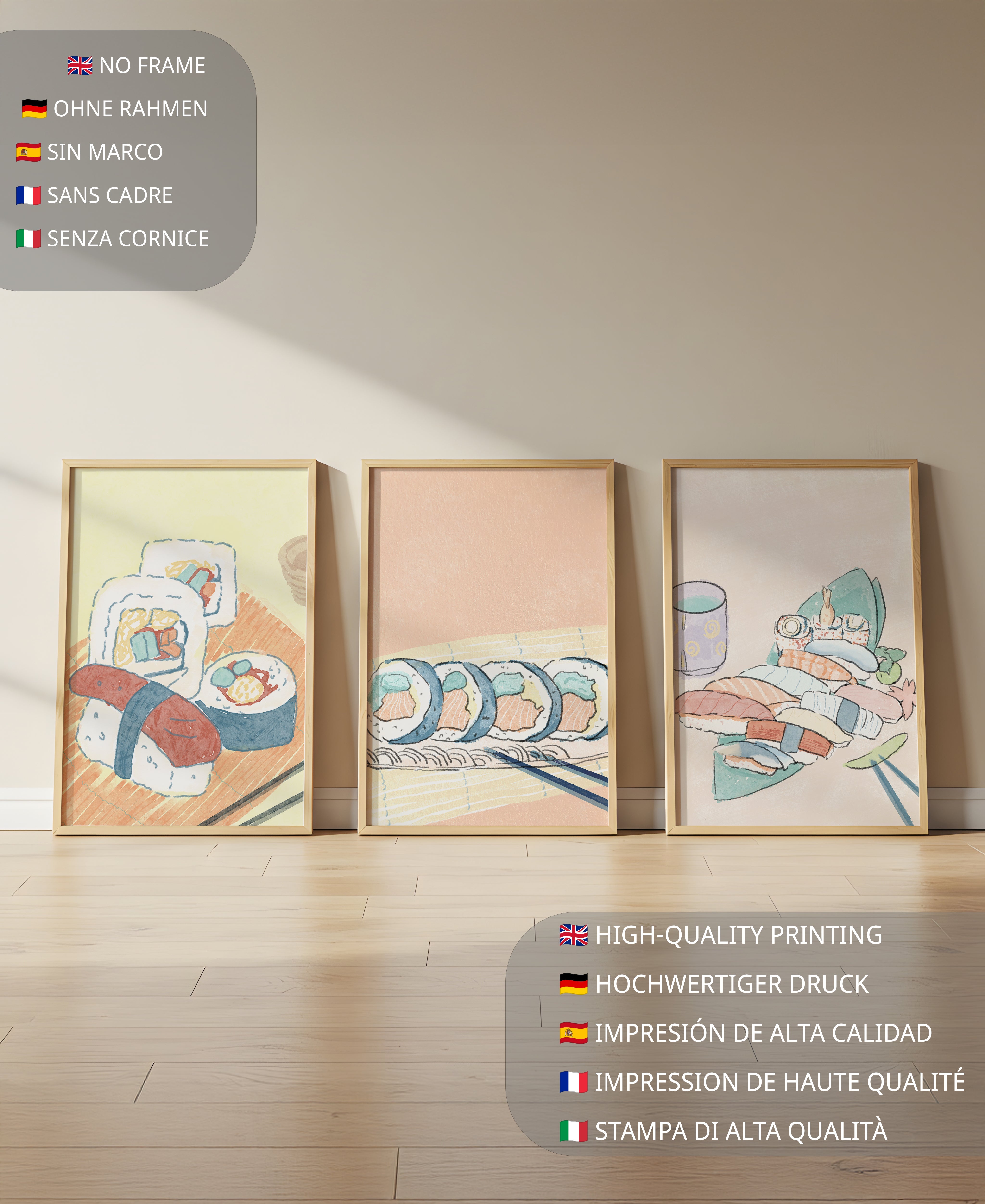 Conjunto de Arte de Sushi con Diseño Minimalista en Estilo Acuarela