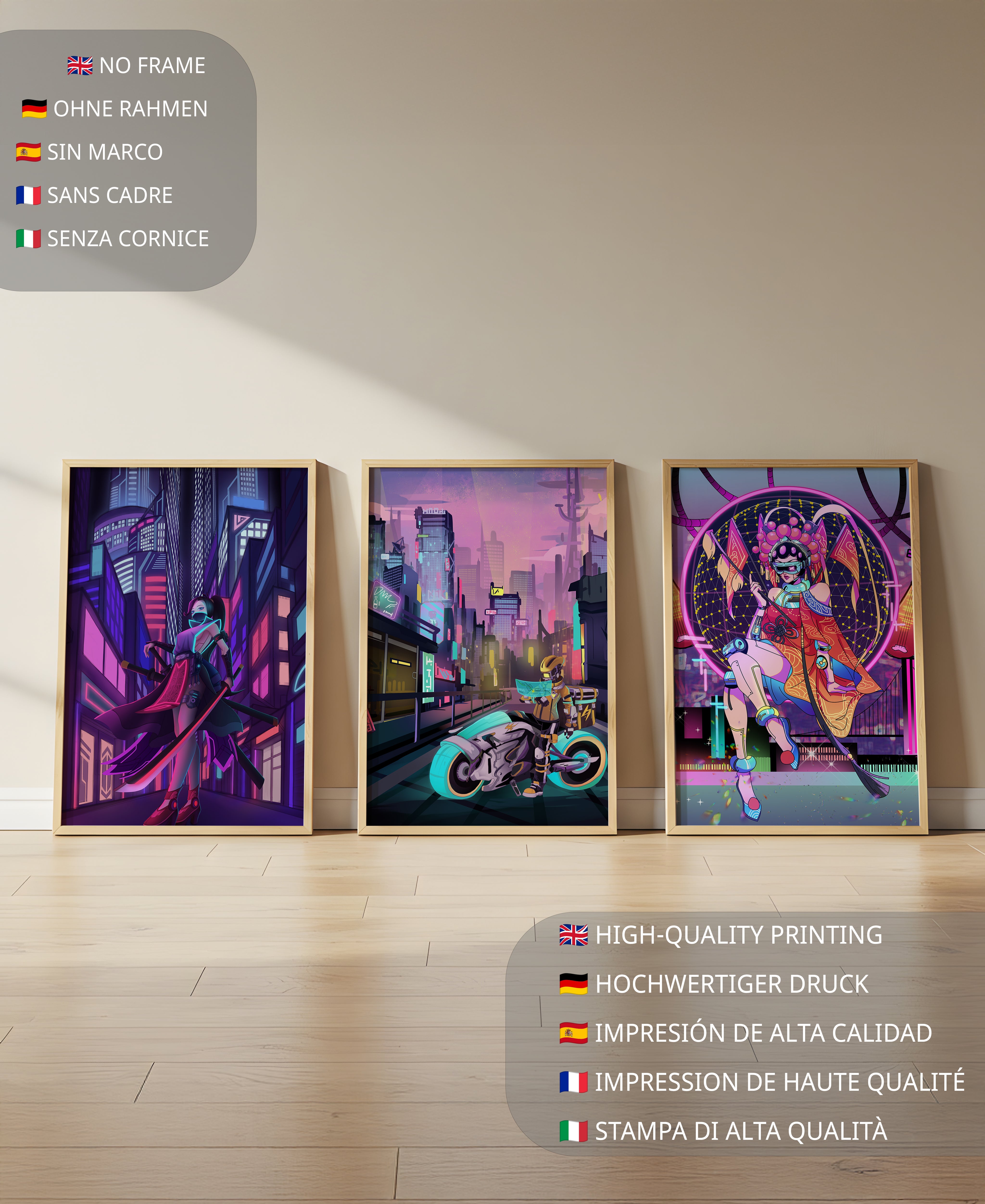 Triptyque de style cyberpunk avec des personnages en art numérique