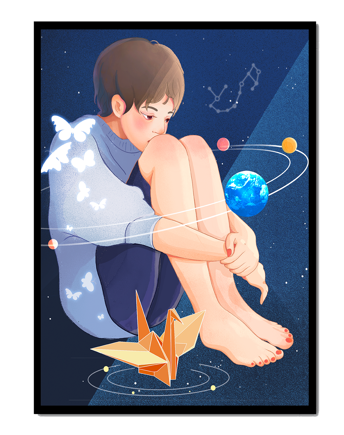 Illustration of a contemplative figure with origami crane and cosmic elements
