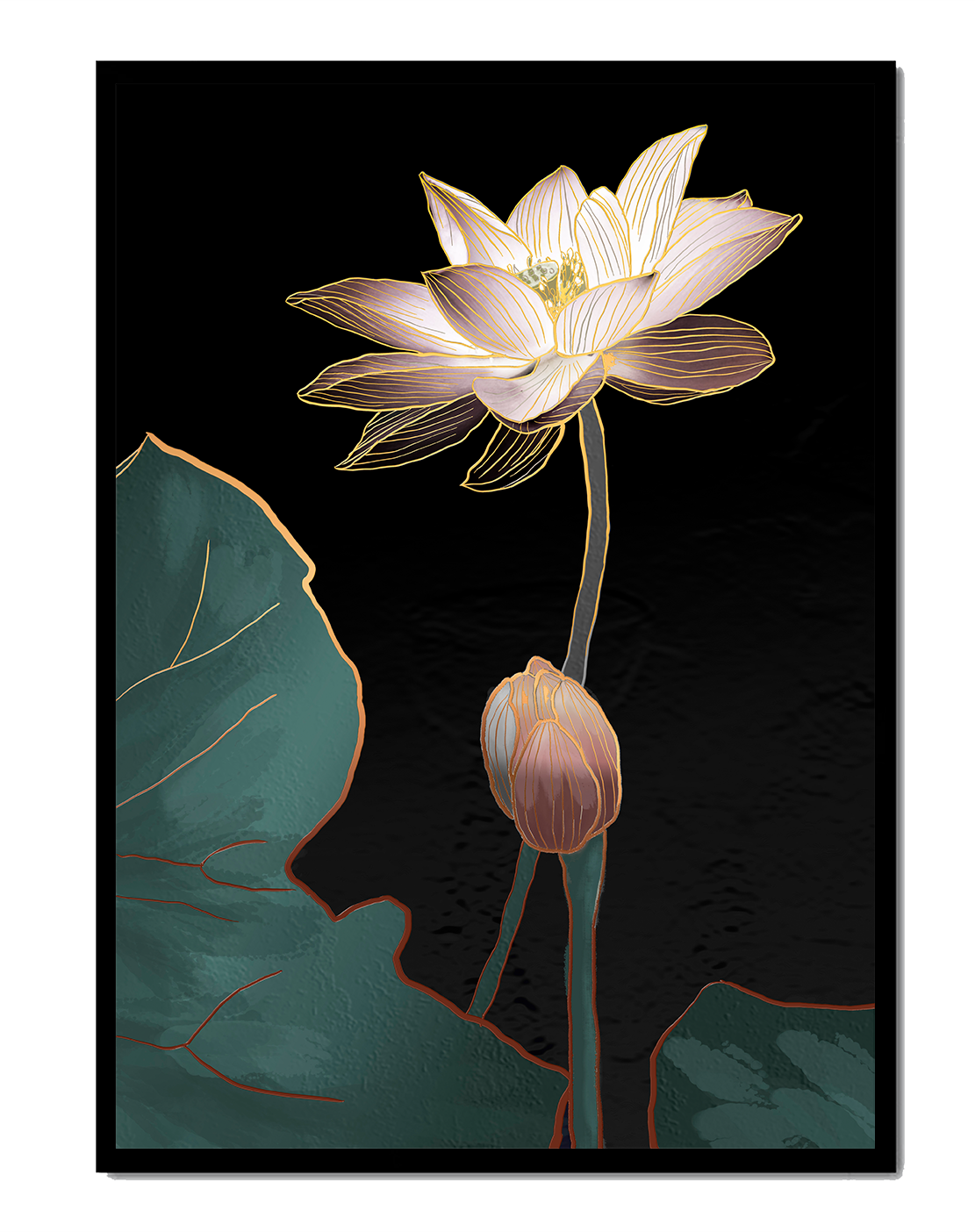 Flor de loto con acentos dorados sobre fondo oscuro.