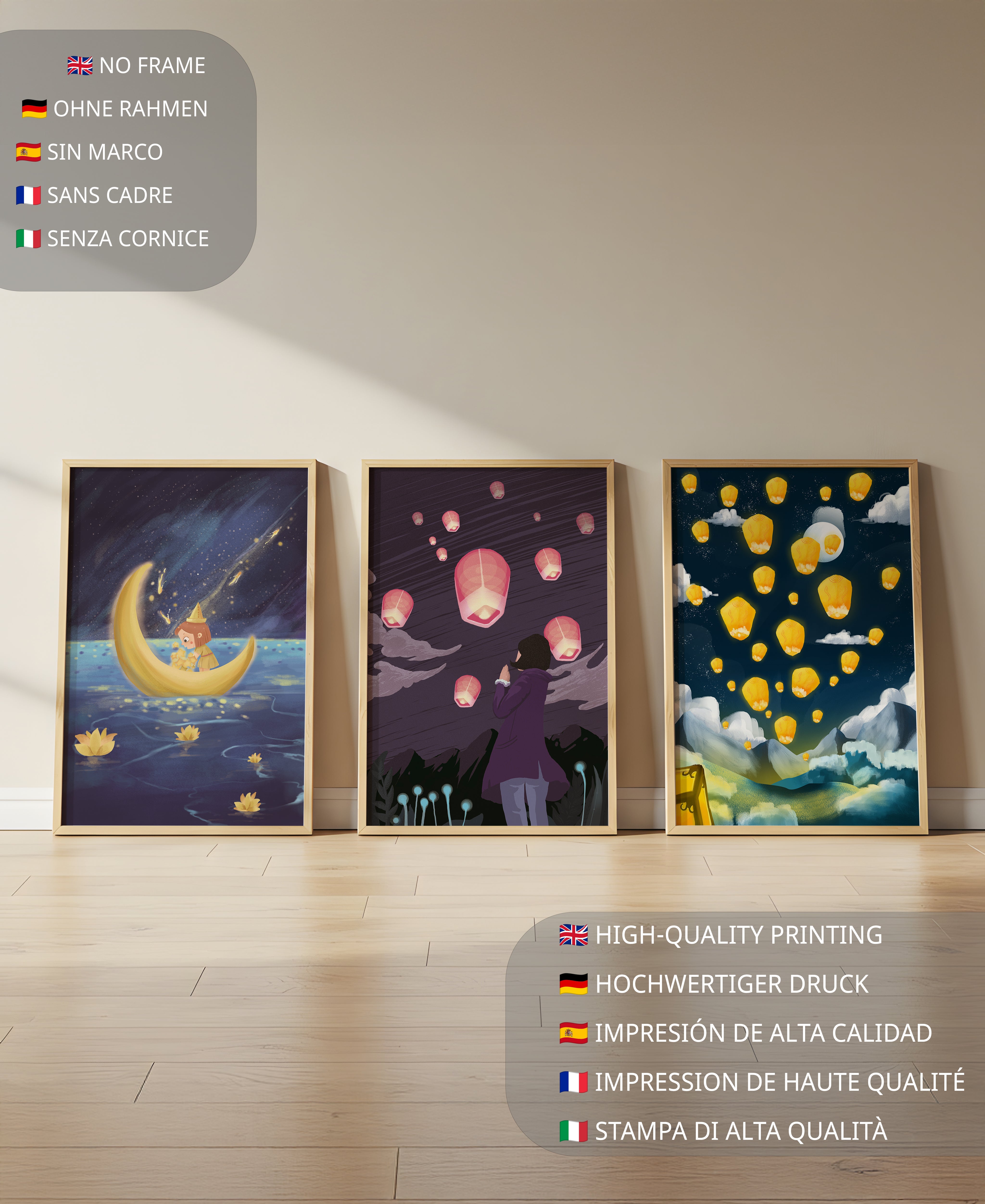 Imágenes Artísticas de Linternas Voladoras en Marcos de Madera