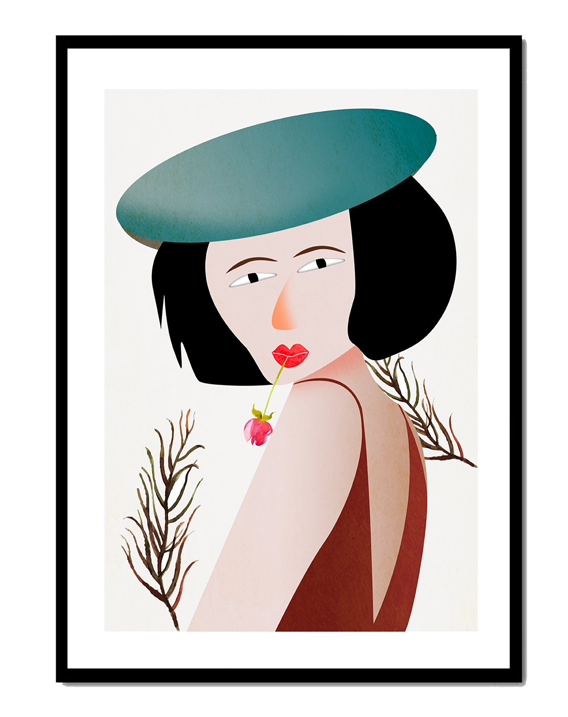 Woman with Blue Hat and Flower in Modern Art Style