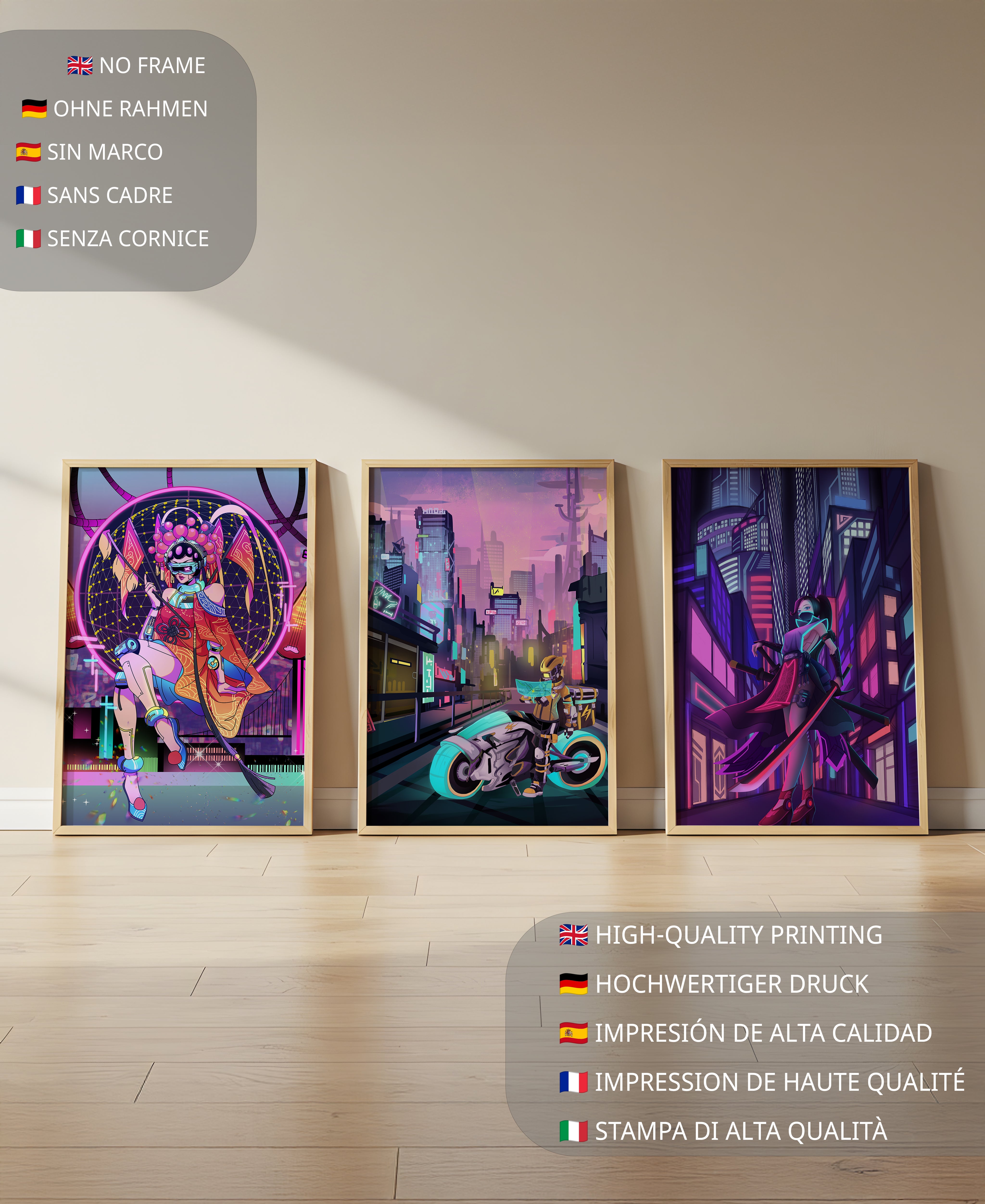 Ensemble de toiles d'art numérique sur le thème futuriste et cyberpunk