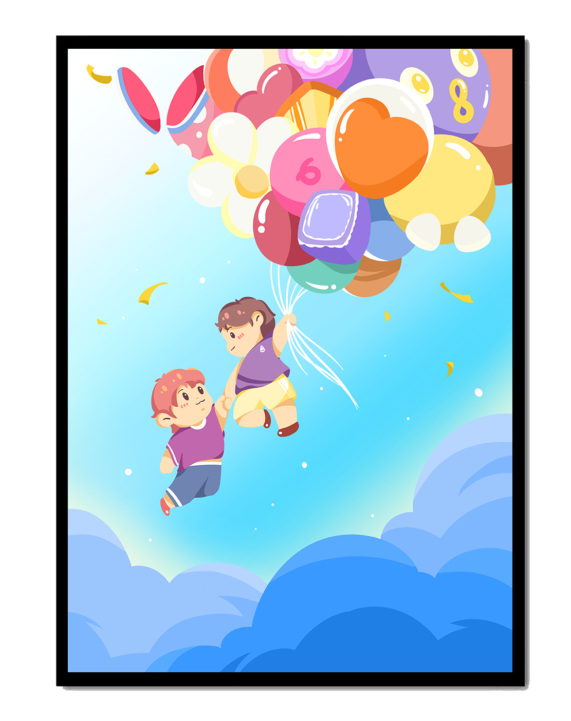 Причудливая иллюстрация детей в небе с разноцветными шарами