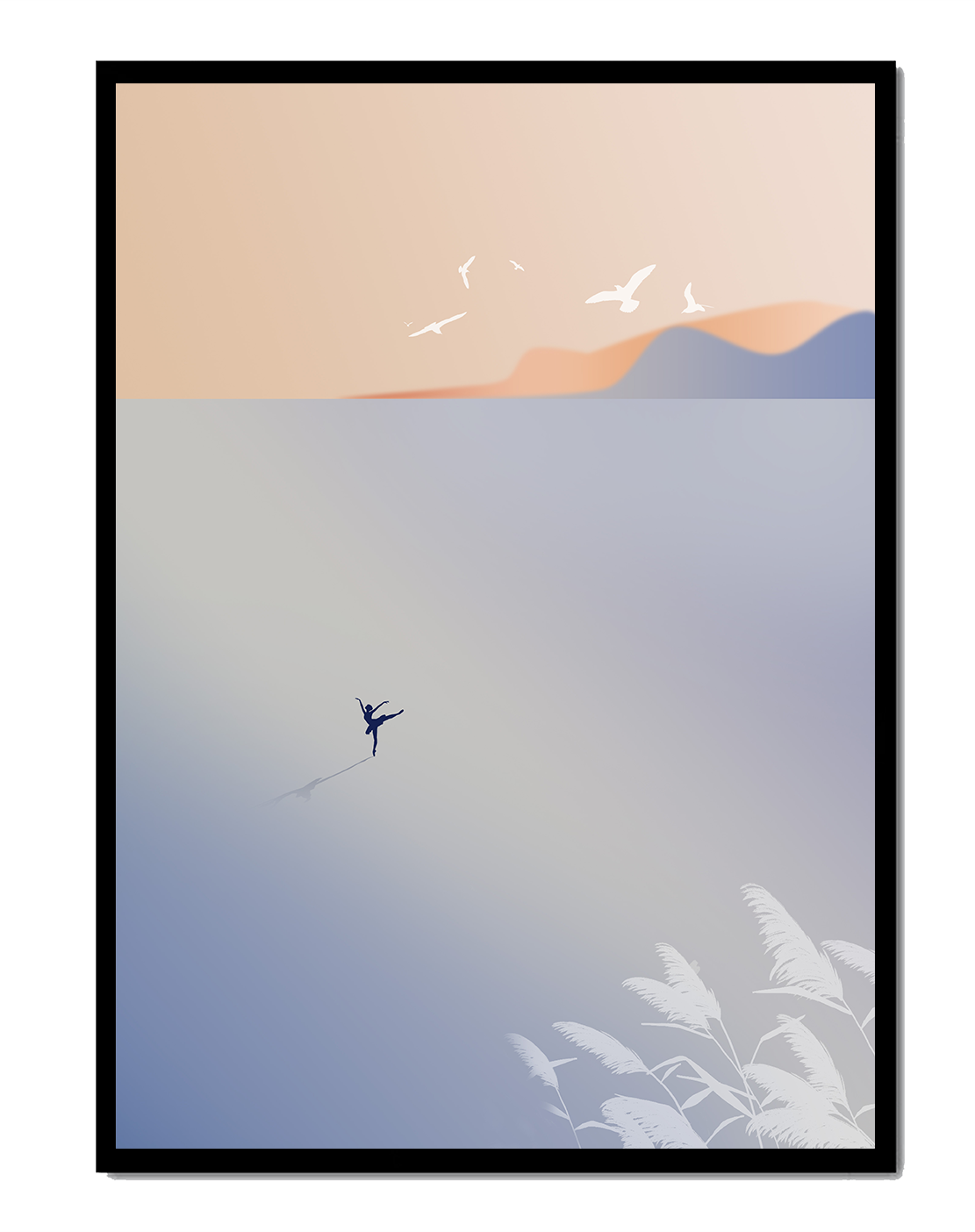 Serene Seaside with Dancer and Birds in Pastel Colors