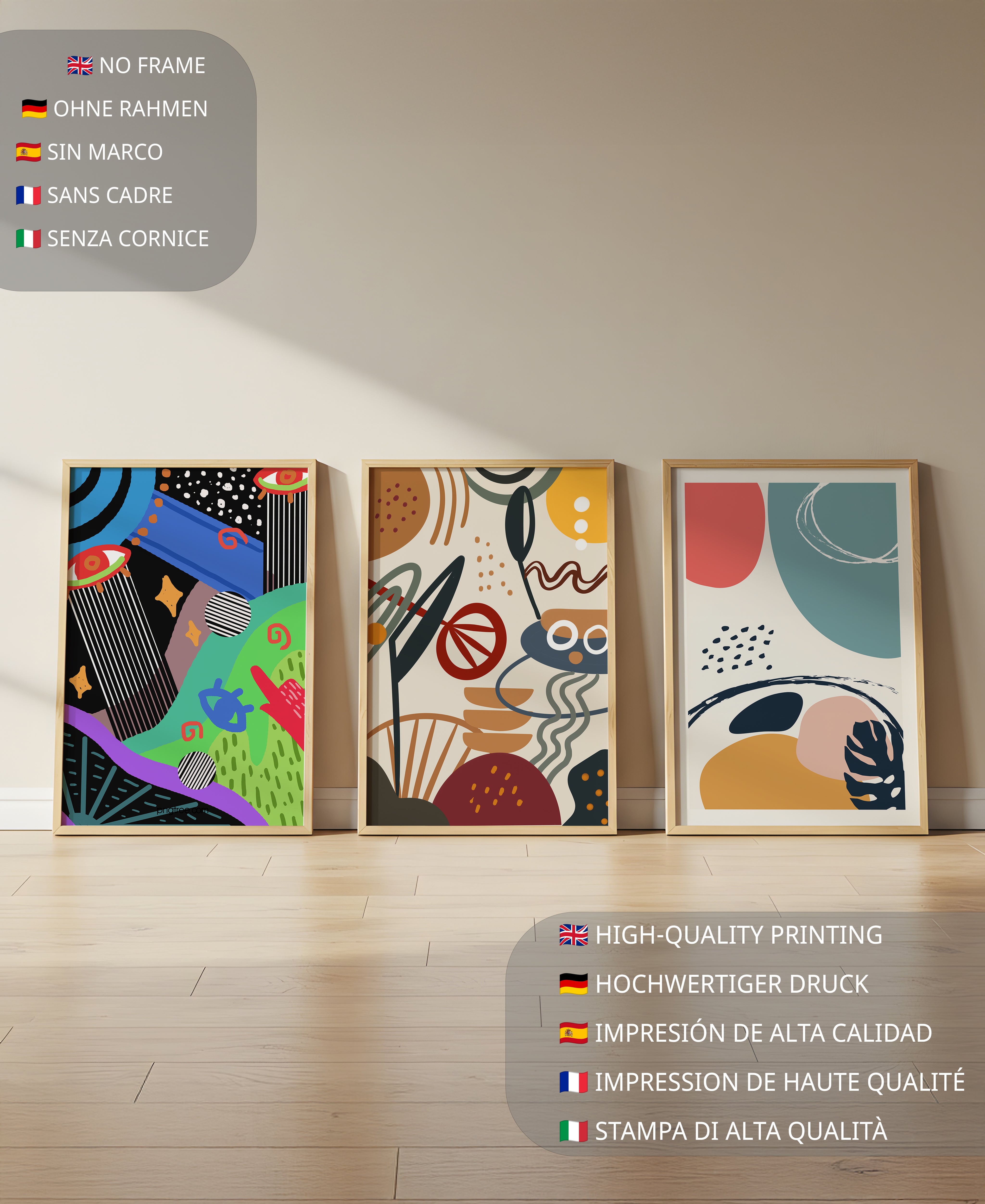 Ensemble de toiles abstraites modernes avec cadres en bois