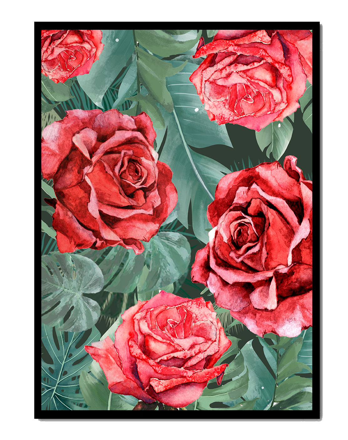 Red roses and green foliage pattern in watercolor style