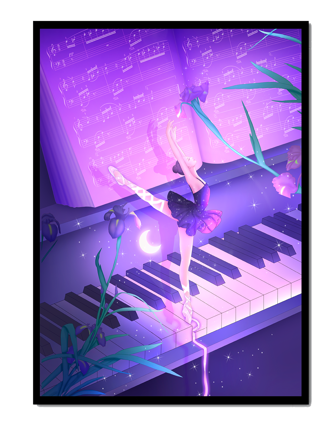 Graceful Ballerina Dancing on Piano Amidst Flowers and Musical Notes
