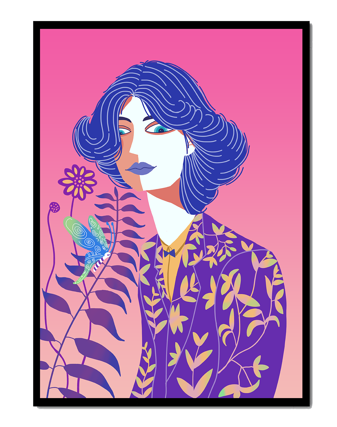 Stylized Portrait of a Woman with Blue Hair and Botanical Pattern