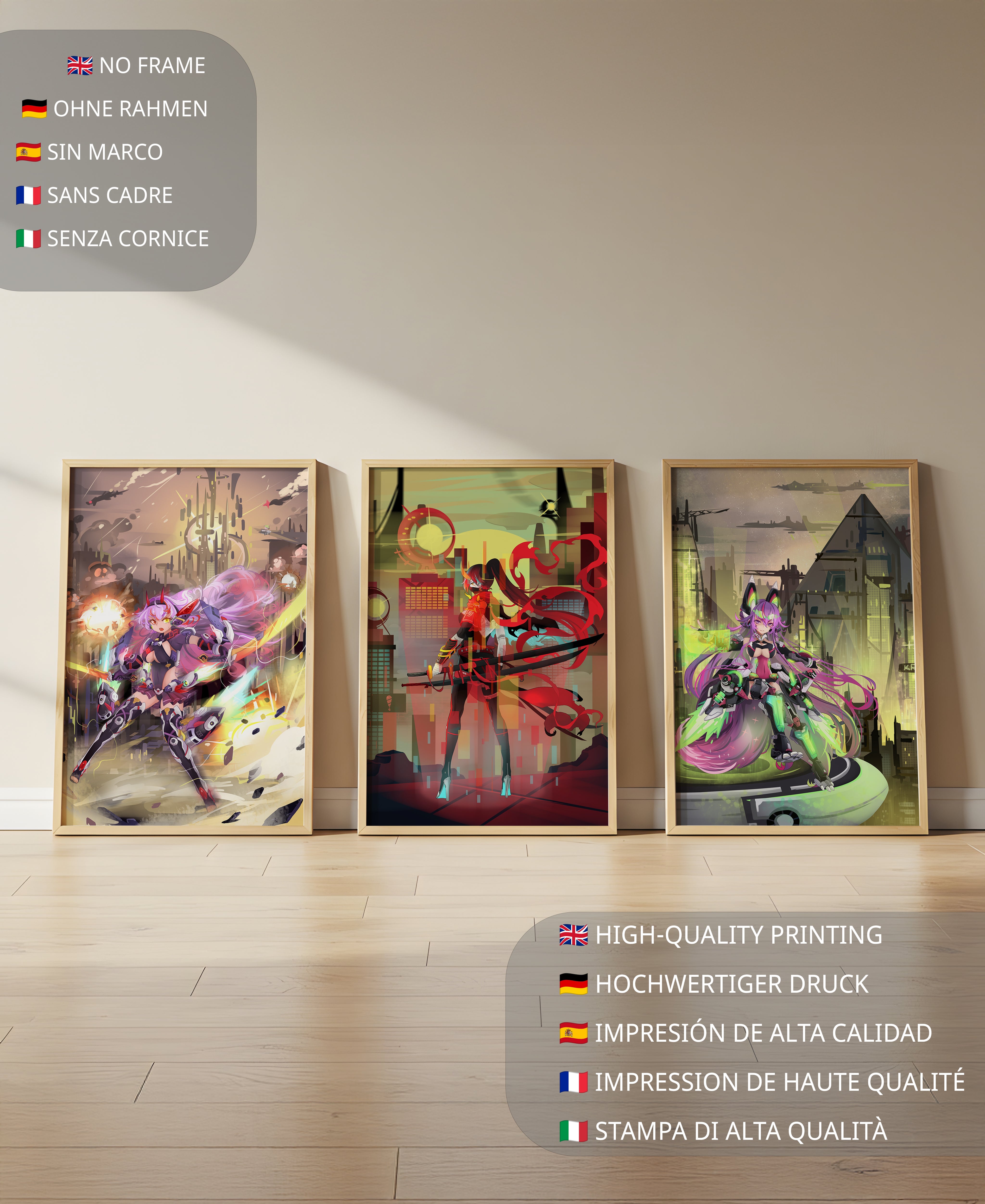 Conjunto De Tres Imágenes Futuristas De Personajes Anime En Una Habitación Moderna