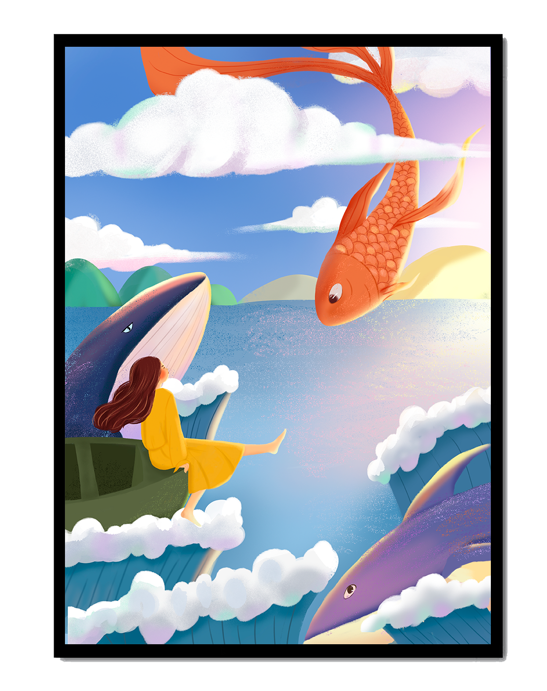 Dreamlike scene with marine life and floating figure in the sky