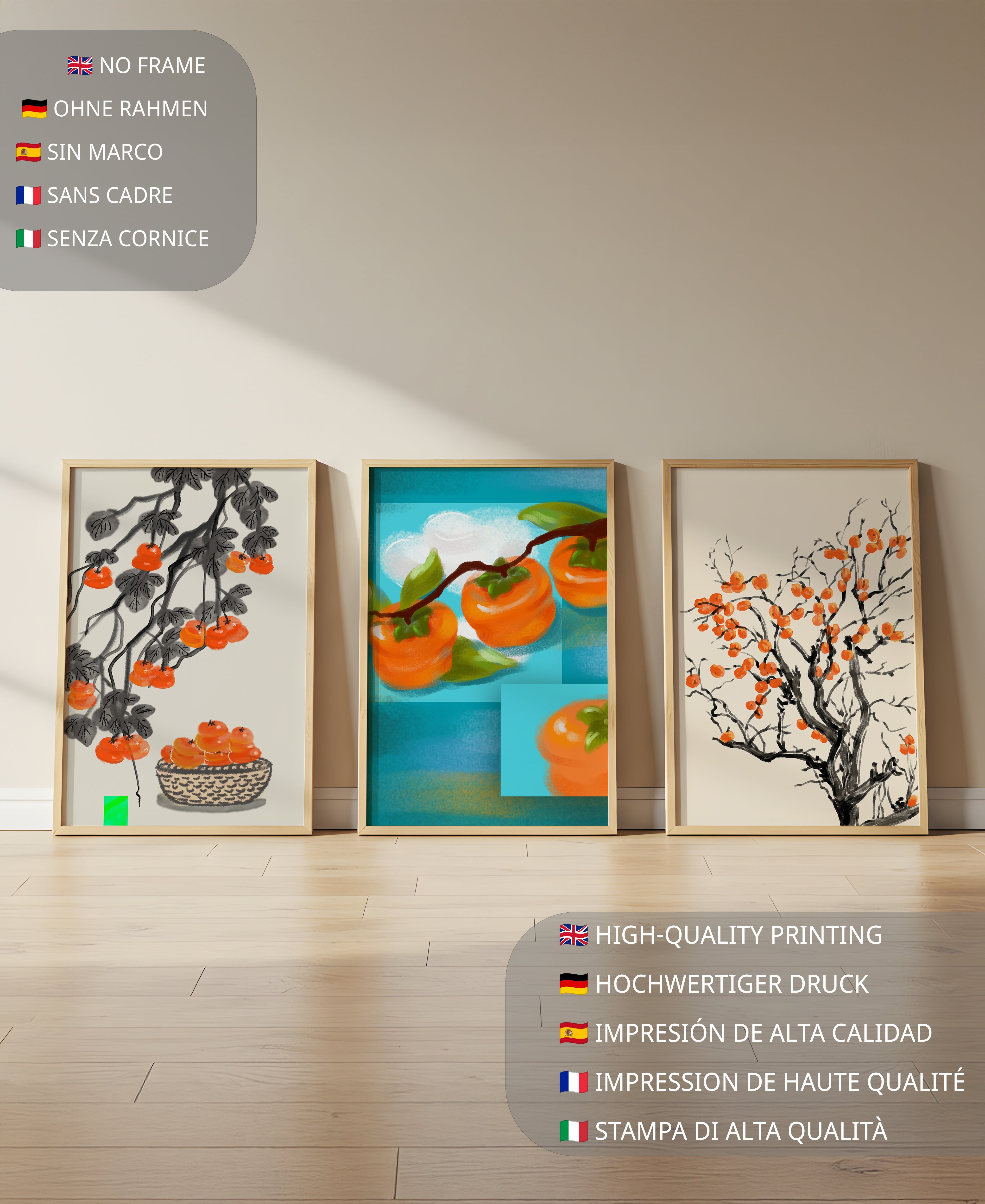 Cuadros Con Motivos De Caquis En Tonos Naranjas Y Azules