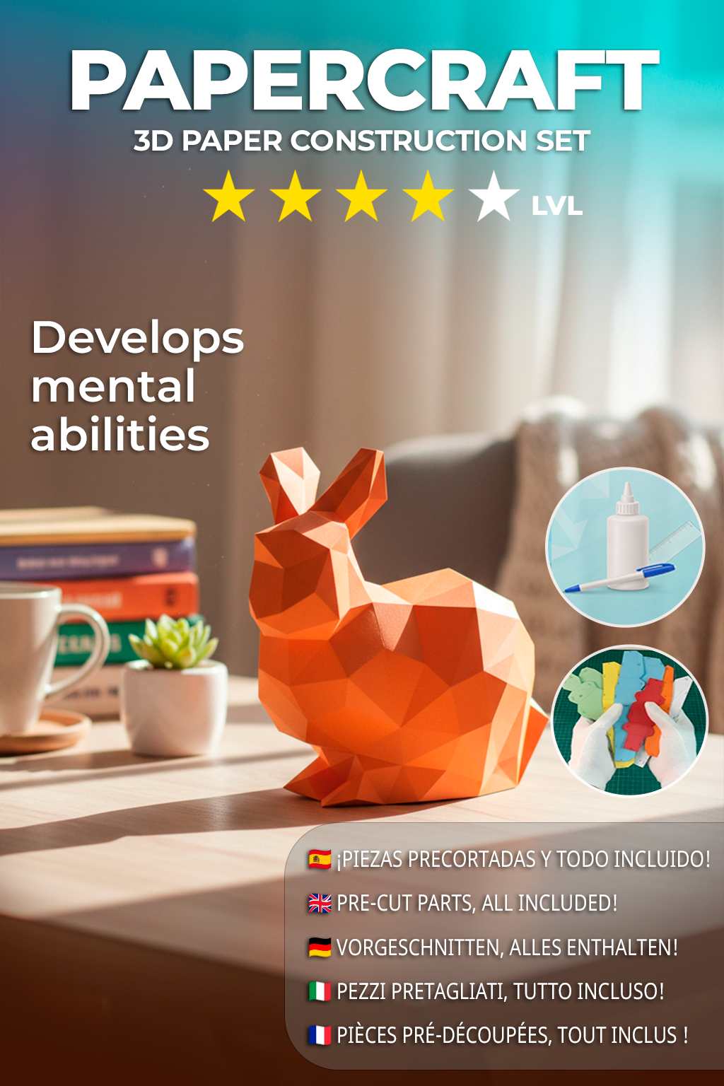 Polygonal paper rabbit builder figure, 3D craft for assembly 24 x 24 x 19 – papercraft DIY, cardboard figure for home decoration - Mi tienda