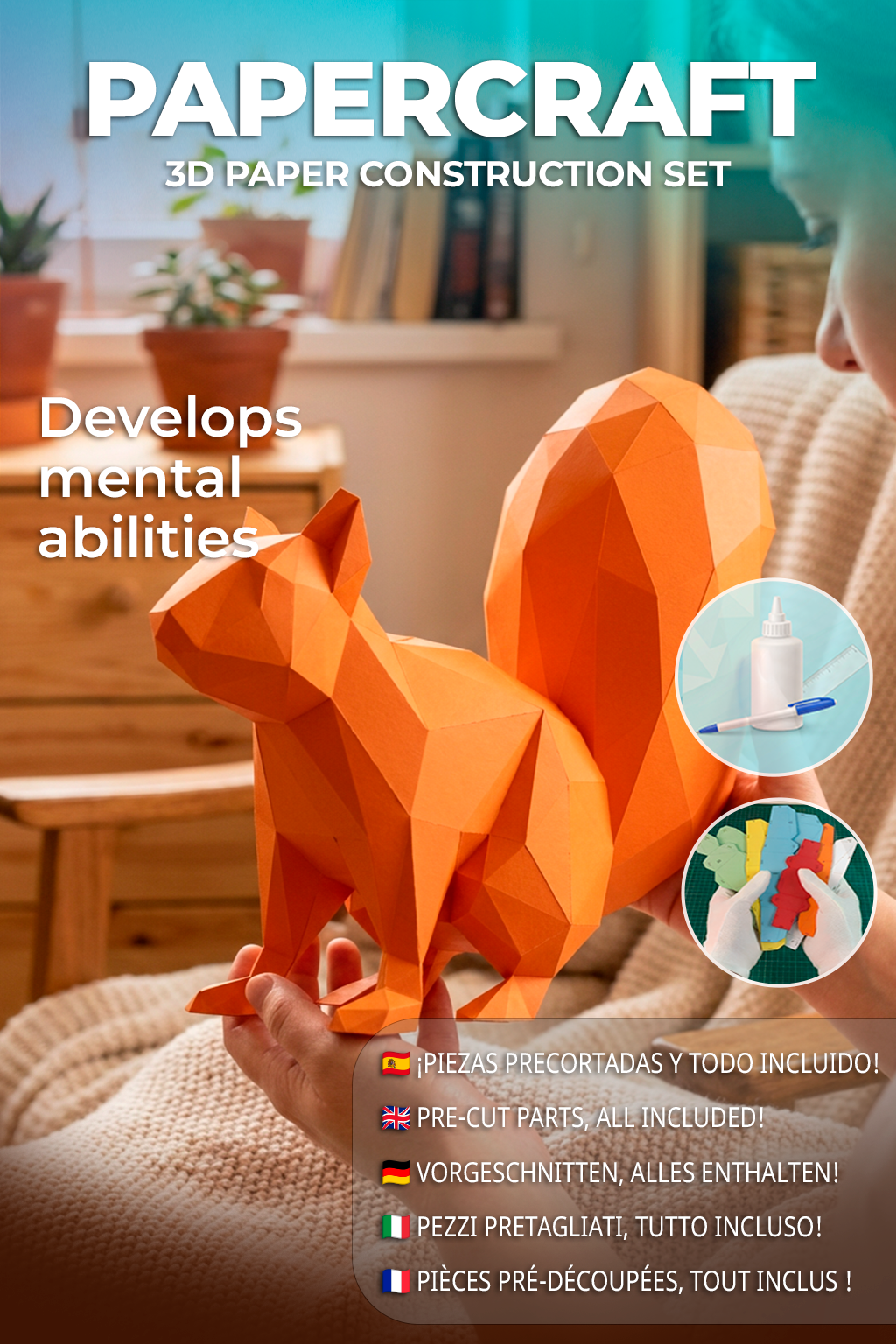 3D polygonal paper squirrel for assembly 27 x 32 x 10 – decorative papercraft DIY kit, modern cardboard sculpture, geometric home decoration - Mi tienda