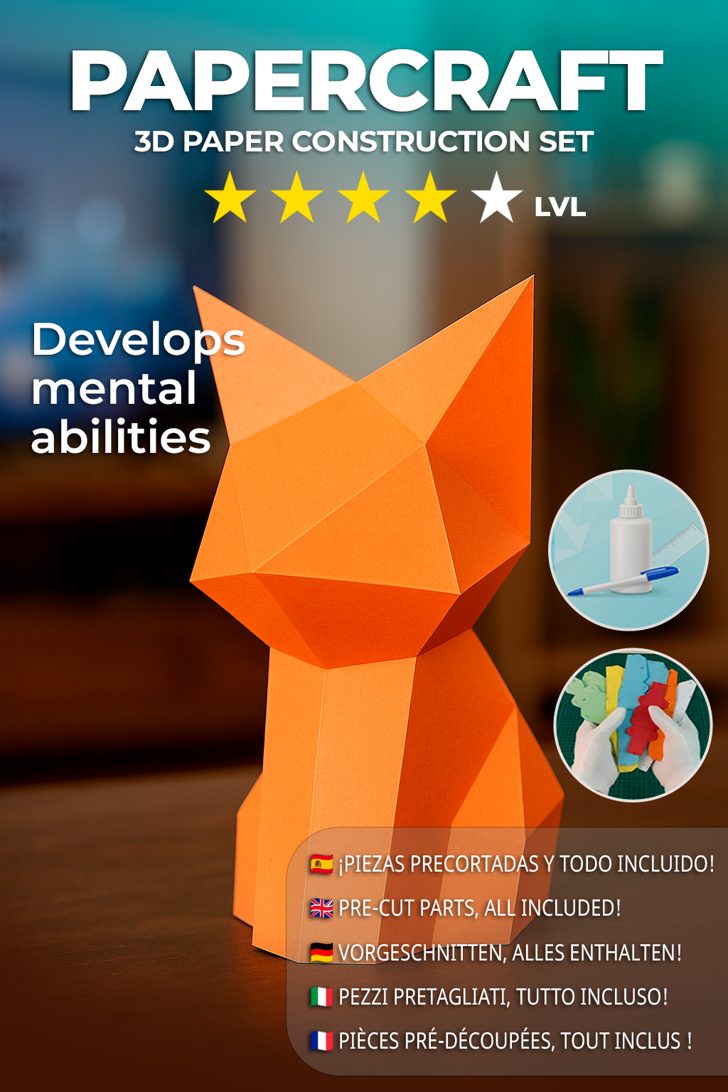 Figura constructor de gato poligonal en papel, kit 3D para montar 26x15x18 — Manualidad PaperCraft DIY