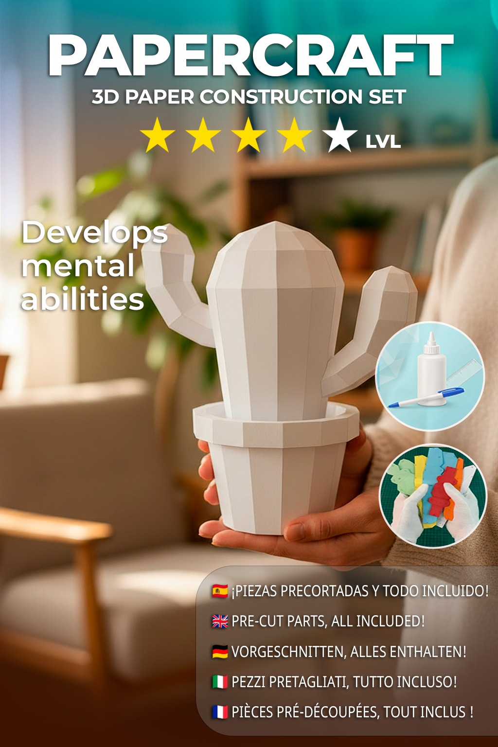 Polygonal paper cactus builder figure, 3D craft for assembly 20 x 19 x 10 – papercraft DIY, cardboard figure for home decoration - Mi tienda