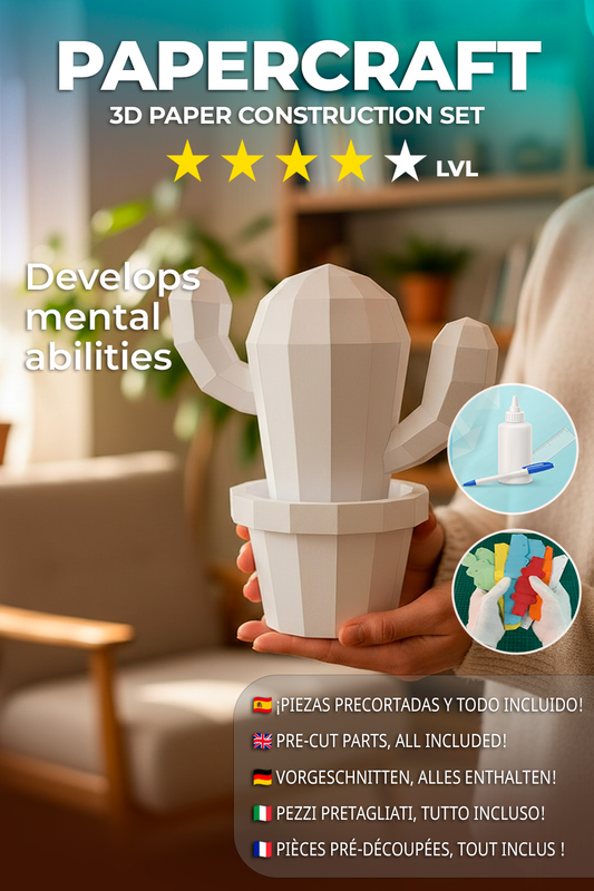 Polygonal paper cactus builder figure, 3D craft for assembly 20 x 19 x 10 – papercraft DIY, cardboard figure for home decoration