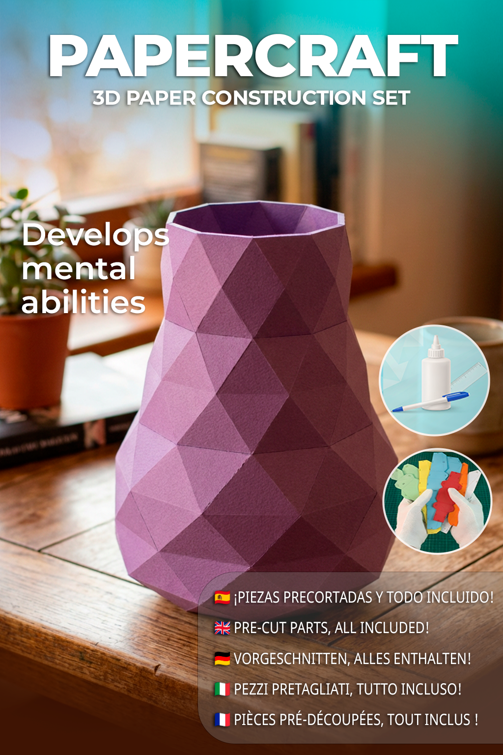 3D decorative paper vase 21 x 16 x 17 – polygonal vessel for assembly, DIY craft, 180 g paper, modern home decoration - Mi tienda