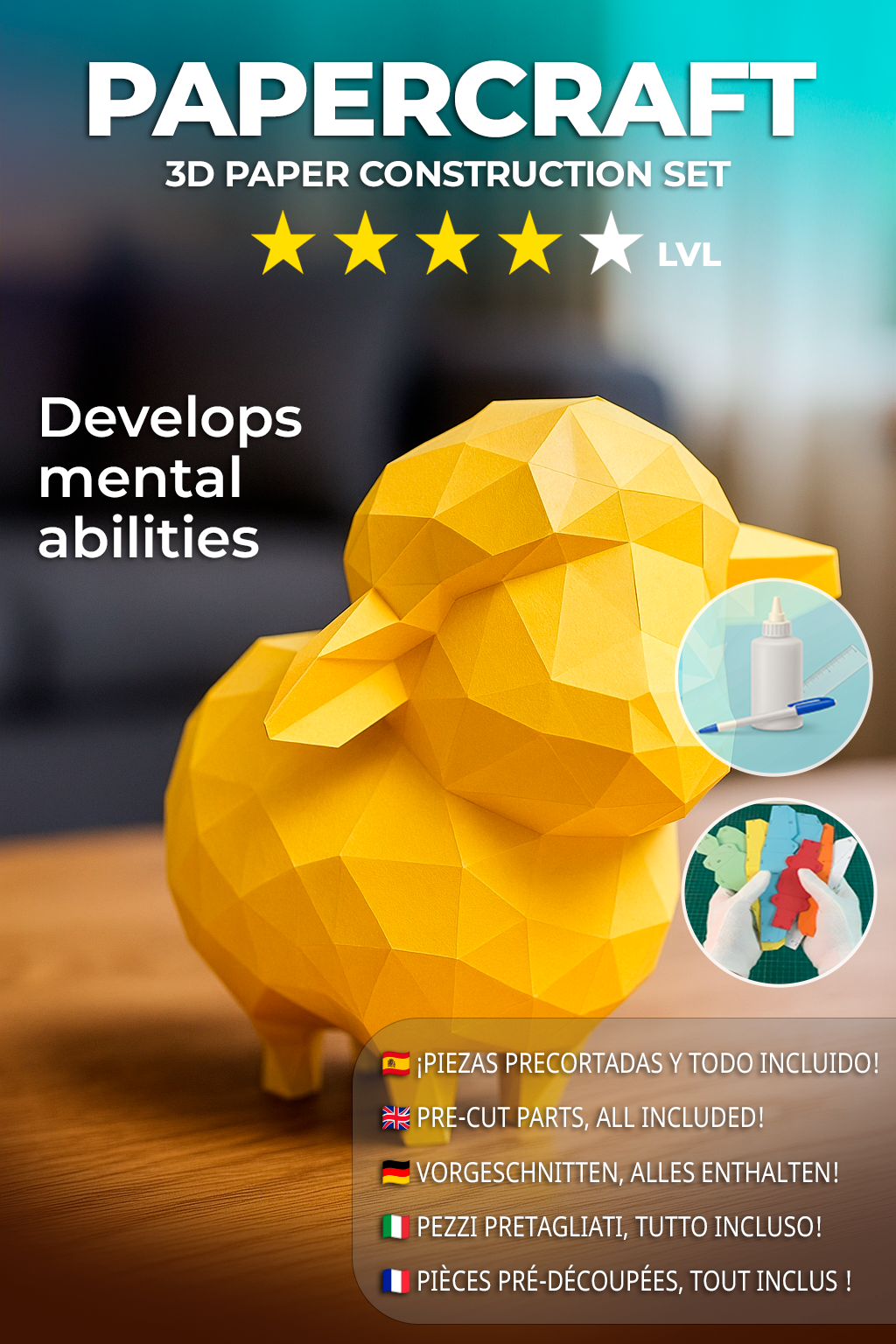 Figura 3D de oveja poligonal de papel para montar, manualidad creativa 18x25x29 - Kit PaperCraft DIY