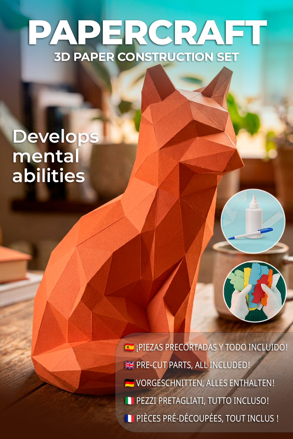 Fox polygonal paper figure for assembly 20 x 16 x 28 – papercraft DIY kit, modern cardboard sculpture, creative geometric home decoration - Mi tienda