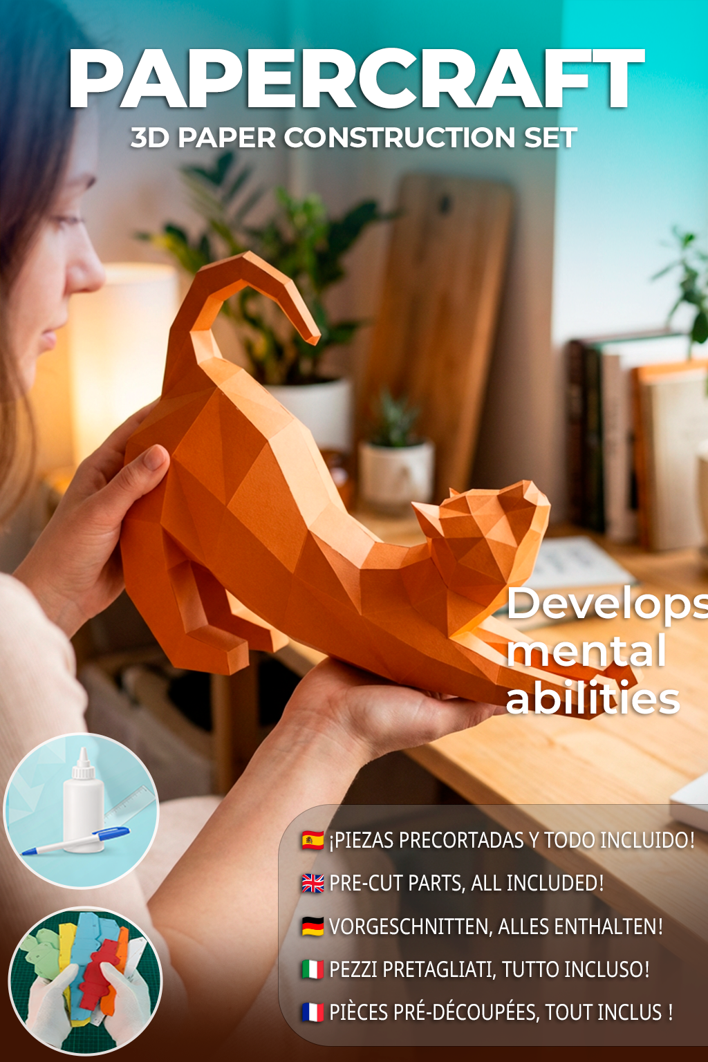 Figura Poligonal 3D de Gato en Papel para Montar 40x32x12 – Kit Decorativo PaperCraft DIY, Escultura Geométrica Moderna para Mesa o Estantería