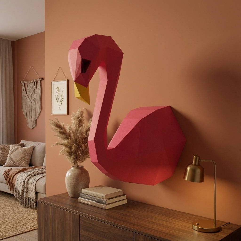 3D Wall Flamingo Papercraft wall flamingo papercraft kit! Polygonal paper art, 37x35x19 cm. Unique DIY wall decor - Mi tienda
