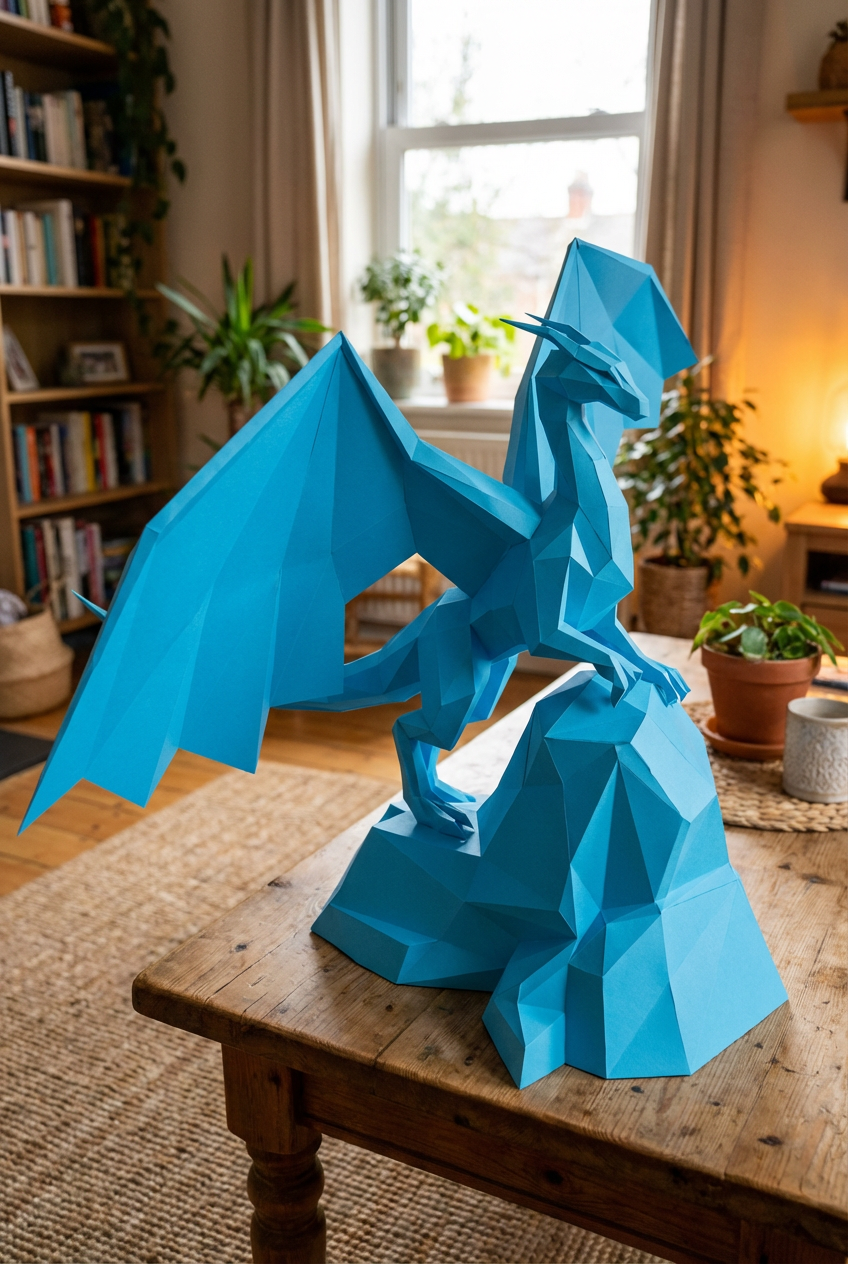 3D polygonal paper dragon figure to assemble on a rock 43x60x36 – DIY papercraft decorative kit, modern geometric sculpture for table or shelf - Mi tienda