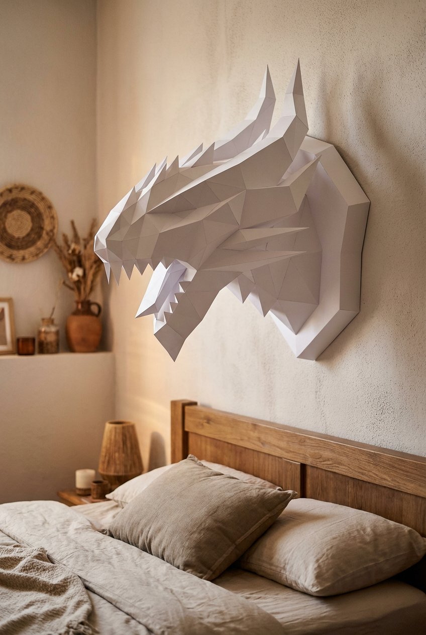 3D polygonal paper dragon head figure for assembly 40 x 29 x 25 – decorative papercraft DIY kit, modern geometric sculpture for wall above the bed - Mi tienda
