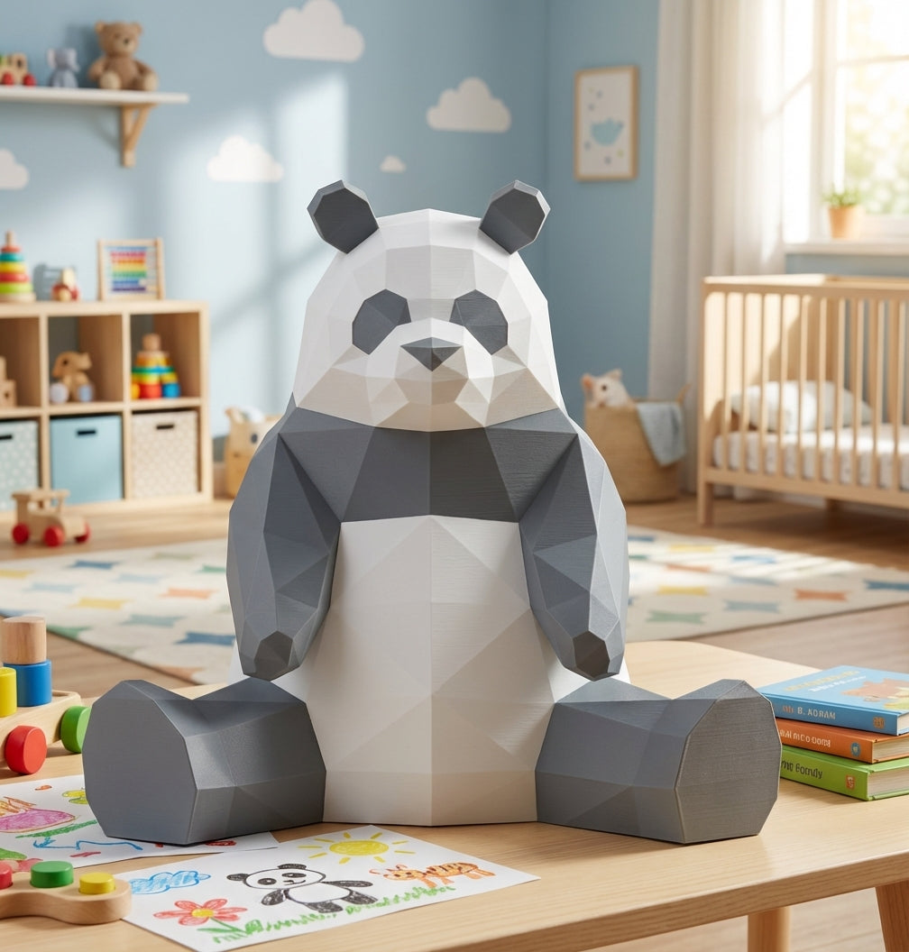 Polygonal panda papercraft, 3d geometric sculpture, 61-piece diy paper kit, 32x35x35 cm, modern handmade decor for home or office - Mi tienda