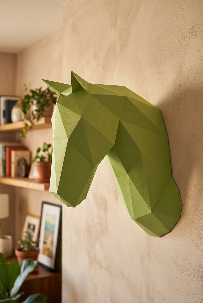 Horse head polygonal paper figure for assembly 25 x 35 x 19 – papercraft DIY craft, modern cardboard wall decoration, geometric style - Mi tienda