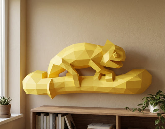Geometric chameleon papercraft wall sculpture on branch, 3d polygonal lizard, 41x12x19 cm, creative diy kit for unique modern home or office decor